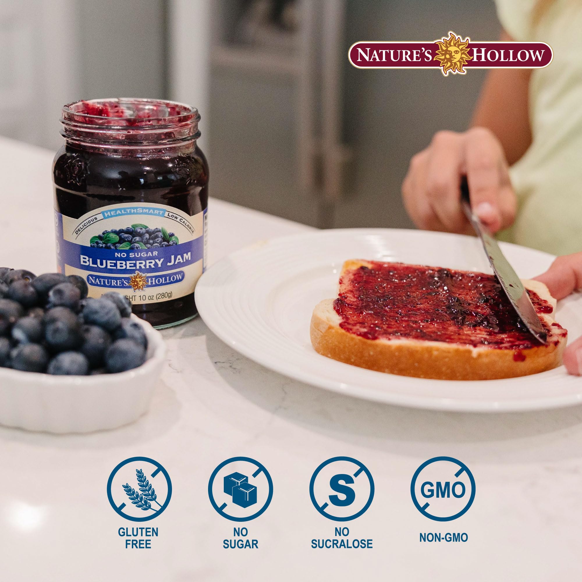 Nature's Hollow Blueberry Jam: Sugar Free Jam and Preserves, Low Cal, Non GMO, Keto Jam, Vegan, Gluten Free, and Diabetic Friendly - Sugar Free Jelly