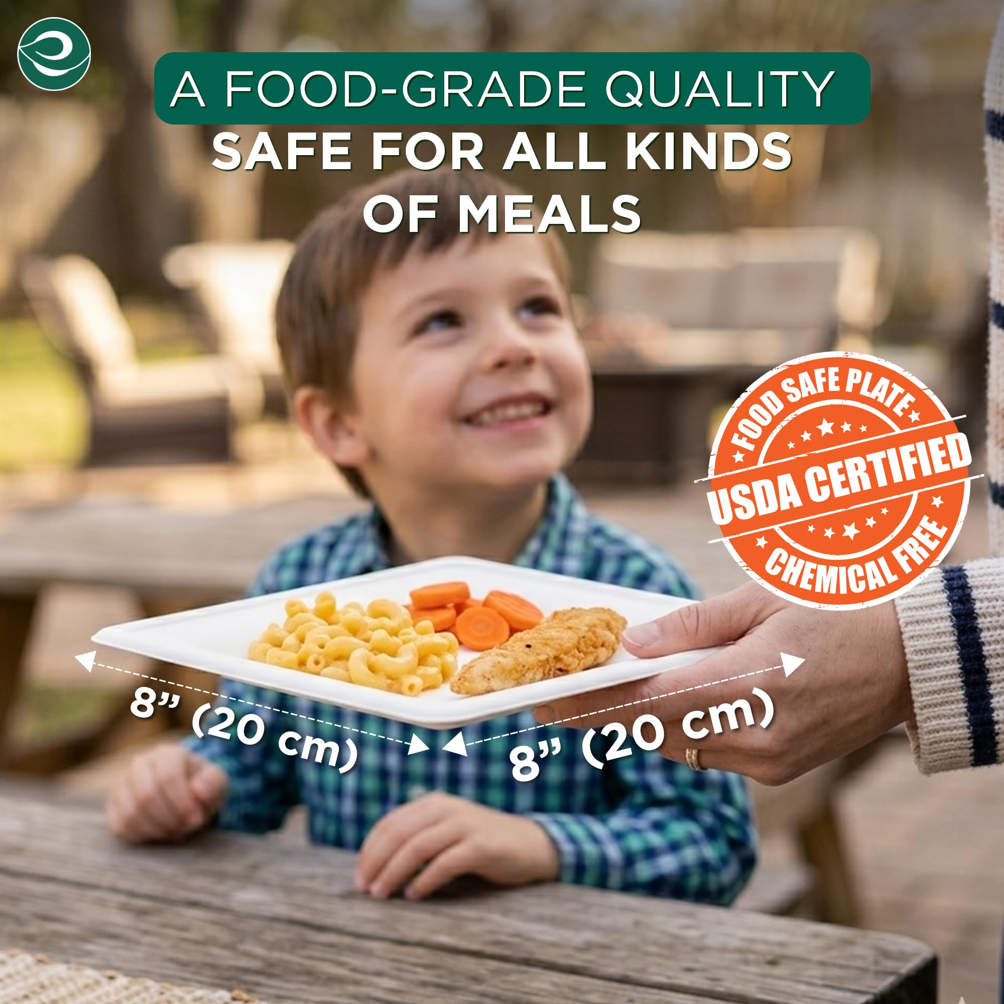 ECO SOUL Compostable Paper Plates 8 Inch, 100 Pack - Heavy Duty Disposable Square Plates, White Bagasse, Leak & Oil Resistant, Microwave Safe
