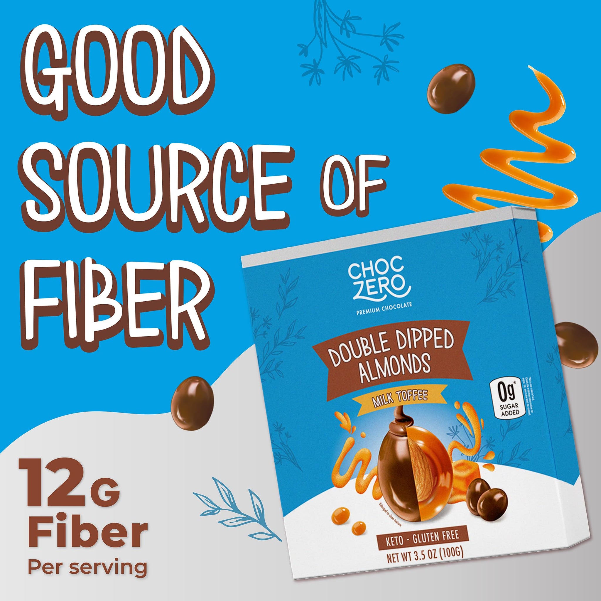 ChocZero Milk Chocolate Toffee Almonds - Roasted Nuts Covered in Sugar-Free Brittle, No Sugar Added, Keto Friendly, High Fiber, Low Sugar Snack