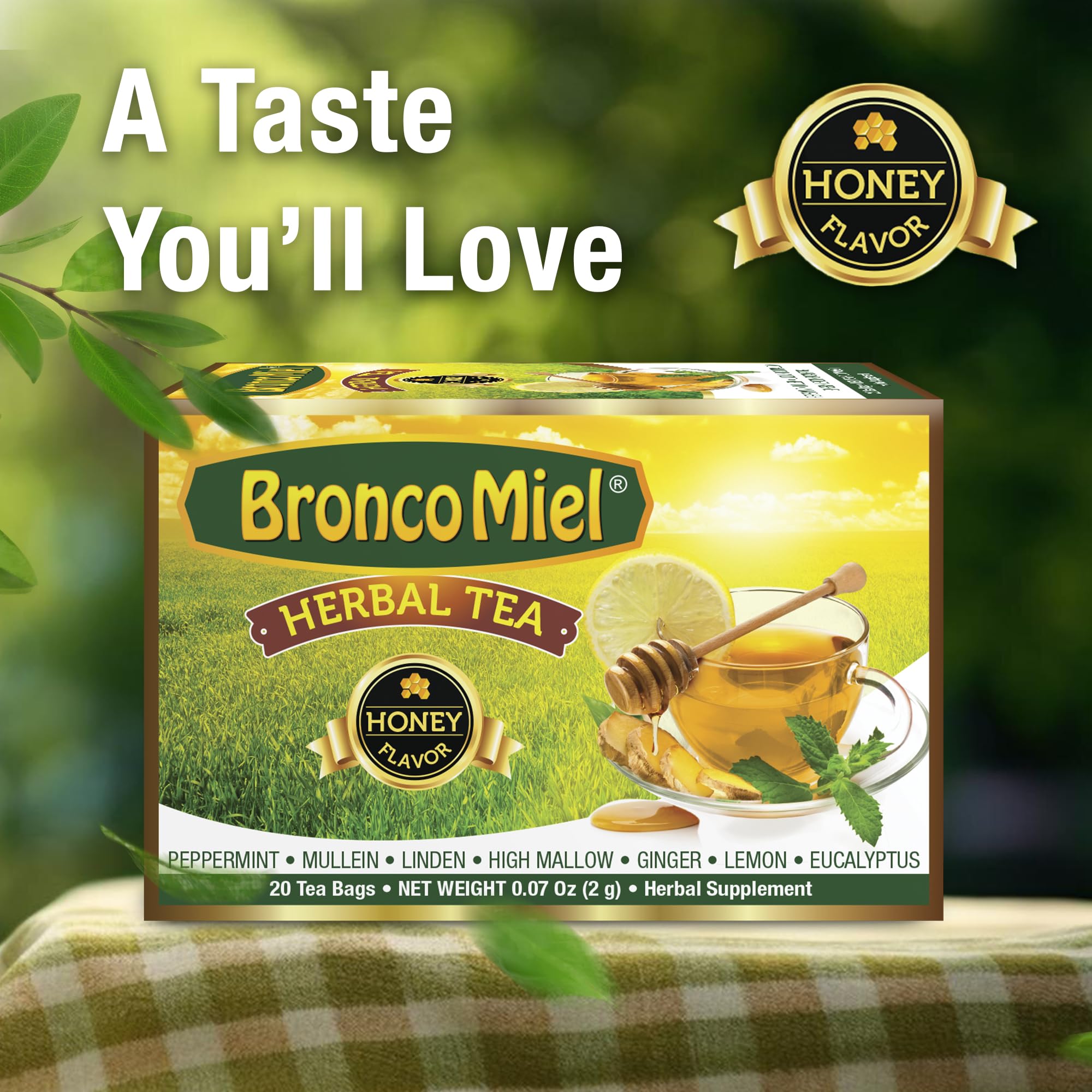 BRONCOMIEL Tea Bags - Honey Herbal Tea for Coughing and Soreness - Eucalyptus, Ginger and Lemon Tea - Sweet Honey Flavor - Easy to Prepare - Herbal