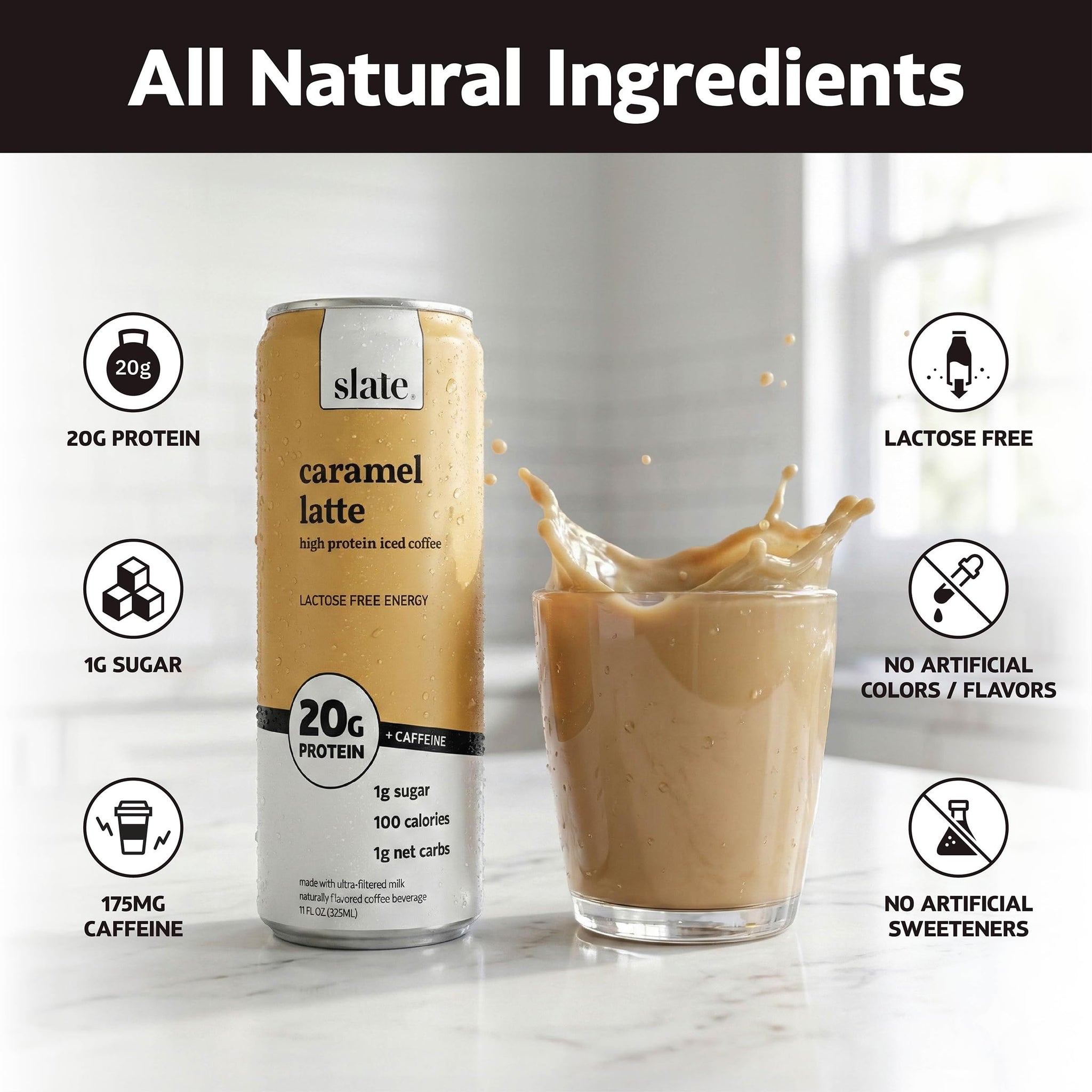 Slate Milk - High Protein Iced Coffee - Caramel Latte - 175mg Caffeine, Lactose Free Energy - 20g Protein, 1g Sugar, 100 Calories, 1g Net Carbs, No