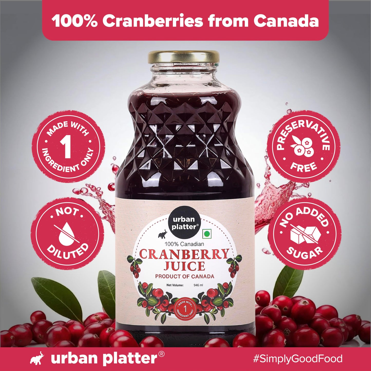 Urban Platter Canadian Cranberry Juice 1 Litre (Unsweetened No ed Sugar 100% Natural Cranberry Juice Good for UTI Health Perfect for Cocktails