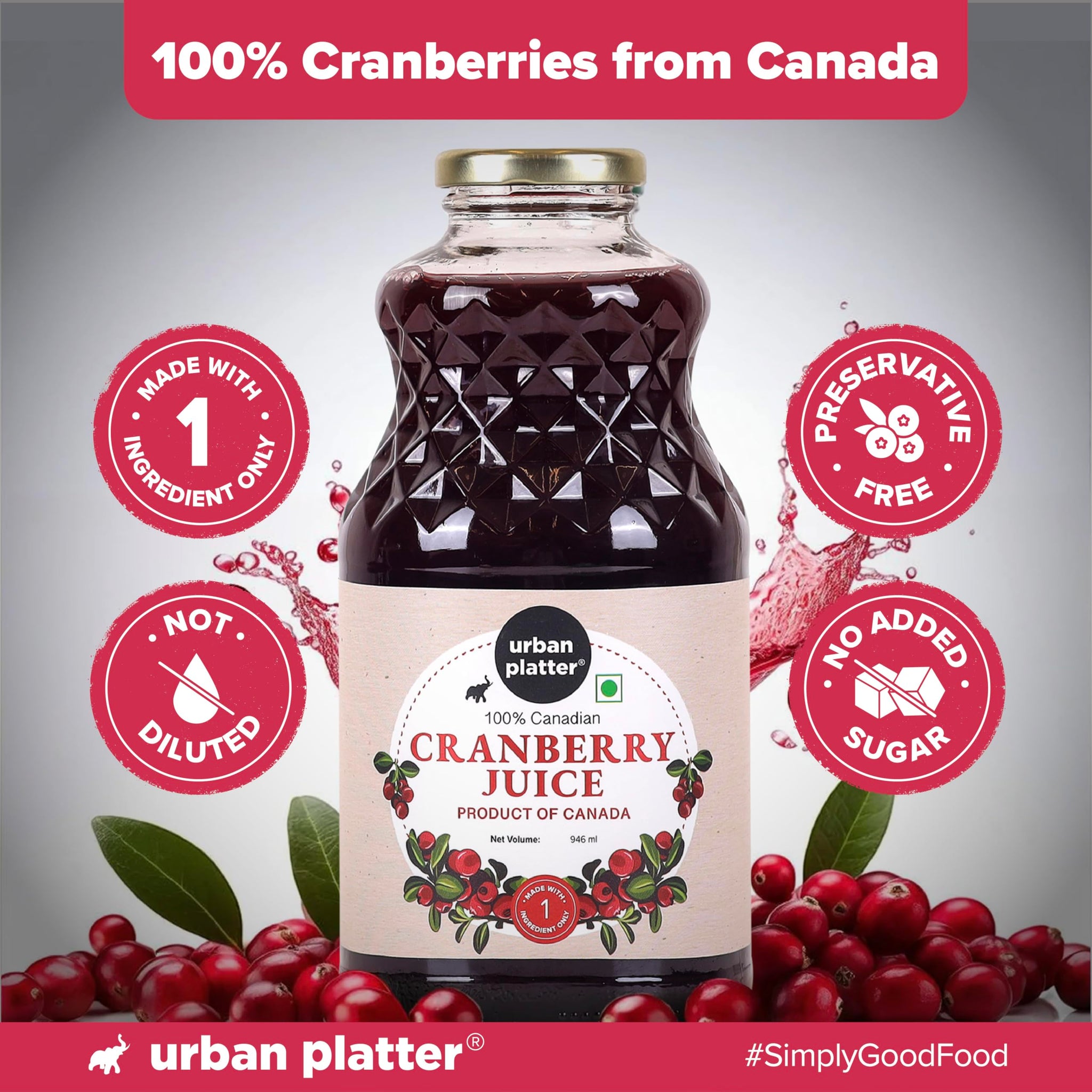 Urban Platter Canadian Cranberry Juice 1 Litre (Unsweetened No ed Sugar 100% Natural Cranberry Juice Good for UTI Health Perfect for Cocktails