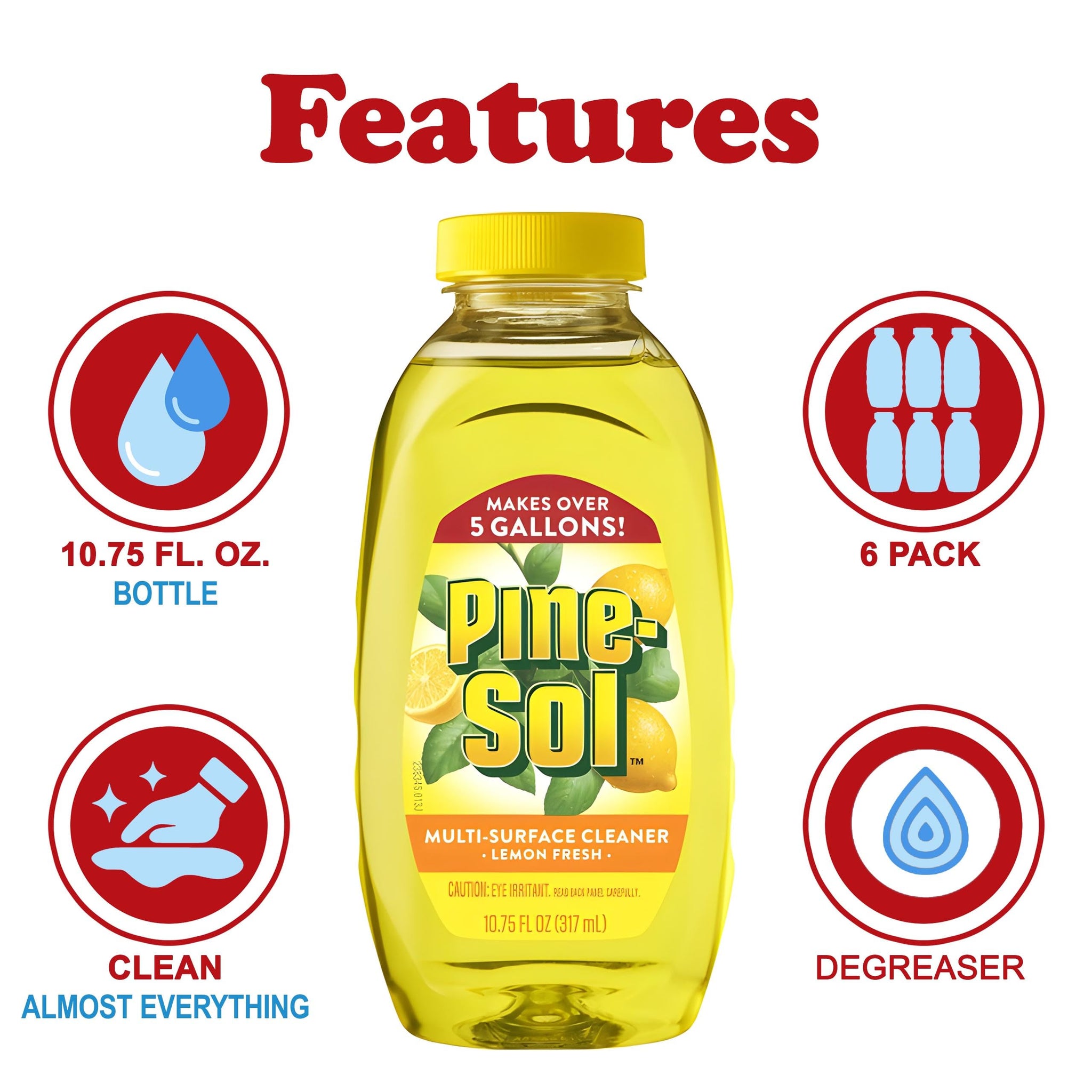 Pine-Sol Multi Surface Cleaner, 6 Pack, Concentrated Multi Purpose Cleaner and Degreaser for Kitchen and Bathroom, Makes 5 Gallons, Lemon Fresh Scent