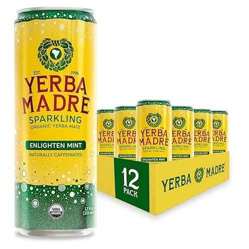 Yerba Madre Organic Sparkling Yerba Mate, Enlighten Mint, 115mg Natural Plant Based Caffeine, Smooth Energy & Focus, Carbonated, 12oz Cans (Pack