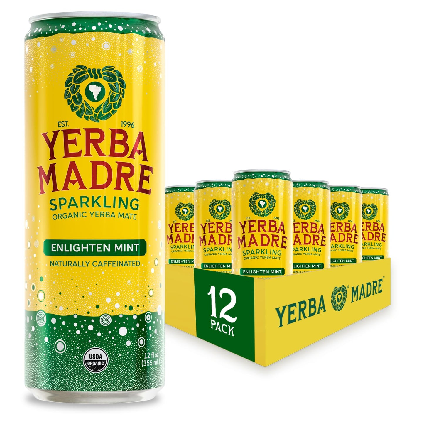 Yerba Madre Organic Sparkling Yerba Mate, Enlighten Mint, 115mg Natural Plant Based Caffeine, Smooth Energy & Focus, Carbonated, 12oz Cans (Pack