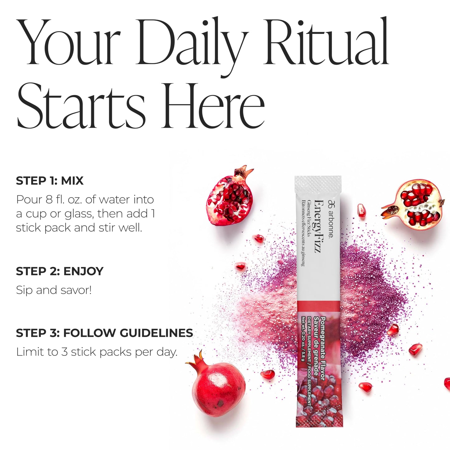 Arbonne Ginseng Energy Supplements - PomegranateFlavor Fizz Sticks, Energy Boost with Caffeine Powder from Guarana and Green Tea, Delicious