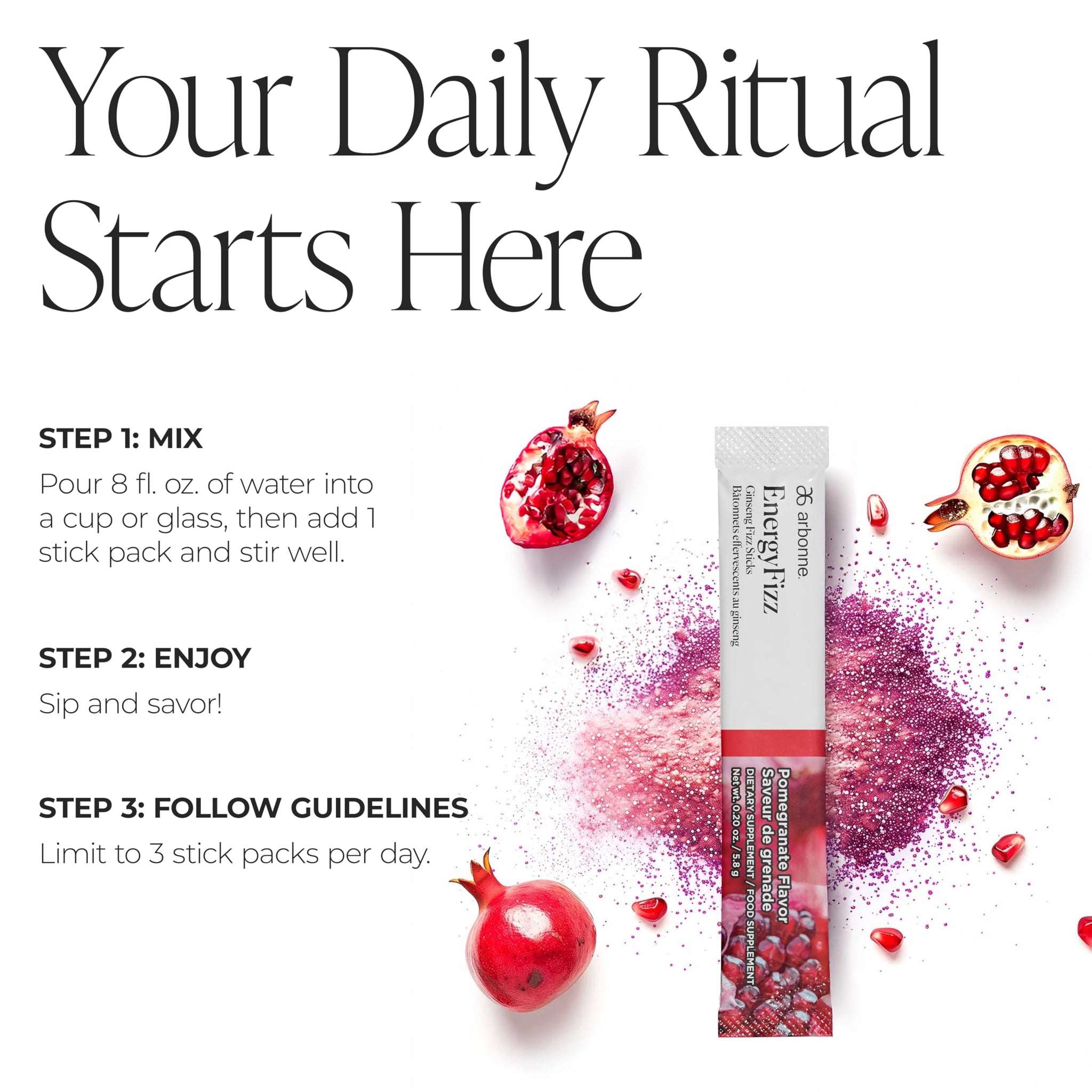 Arbonne Ginseng Energy Supplements - PomegranateFlavor Fizz Sticks, Energy Boost with Caffeine Powder from Guarana and Green Tea, Delicious