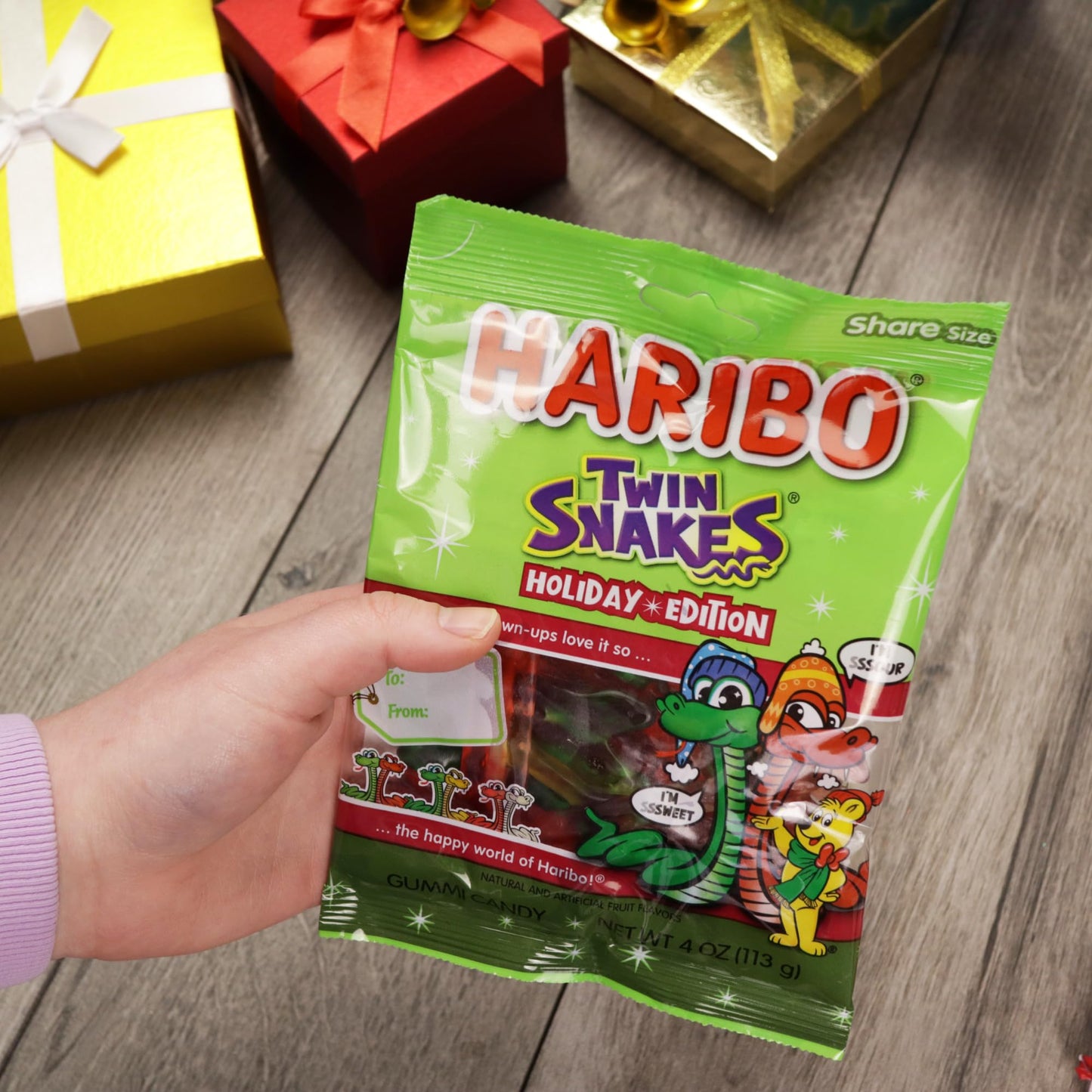 Haribo Holiday Twin Snakes, Sweet and Sour Gummy Candy, Christmas Stocking Stuffer Treats, 4 Ounces (Pack of 3)