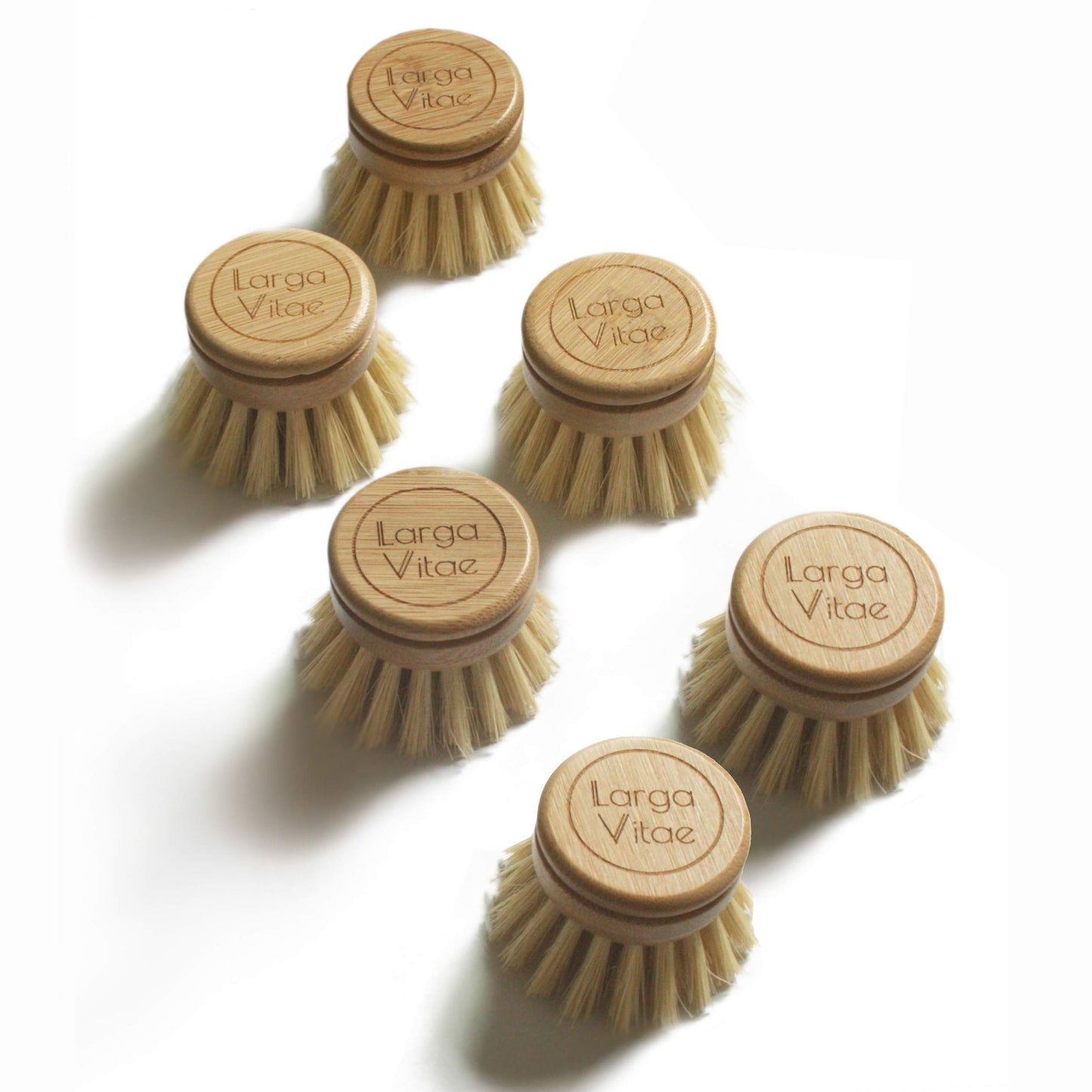 Larga Vitae 6 pcs Wooden Dish Brush Replacement Heads Made of Renewable Bamboo Wood and Natural Bristle Fiber, Durable, Long Lasting (Tampico Fiber)