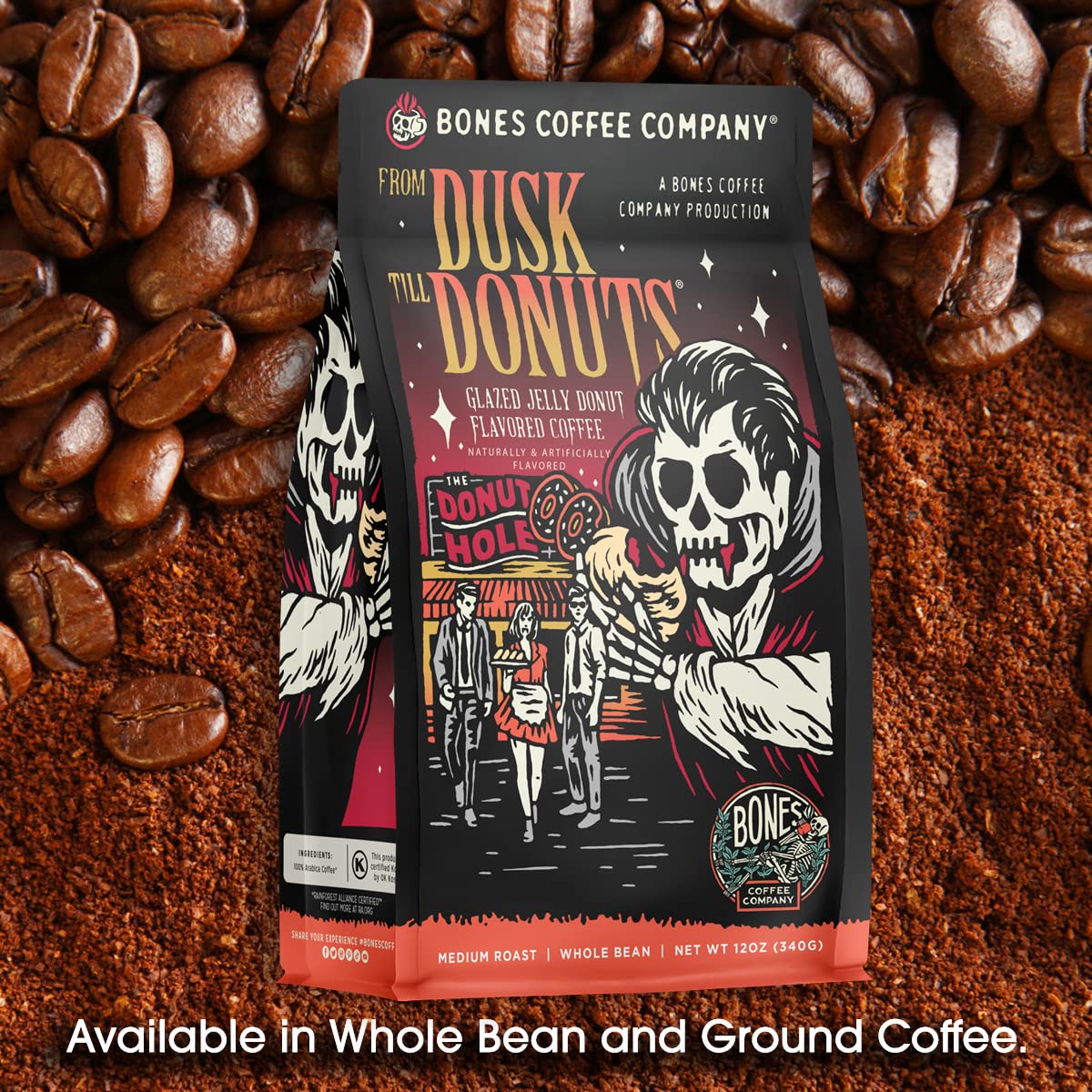 Bones Coffee Company From Dusk Till Donuts Jelly Donuts Flavored Coffee, Medium Roast Low Acid Arabica Beans Compatible with Auto drip and French