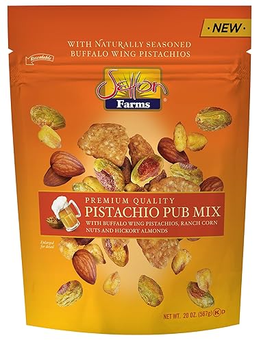 Setton Farms Pistachio Pub Mix 20 Oz. Value Bag. With Buffalo Wing Pistachios, Ranch Corn Nuts, Honey Roasted Sesame Chips and Hickory Almonds.