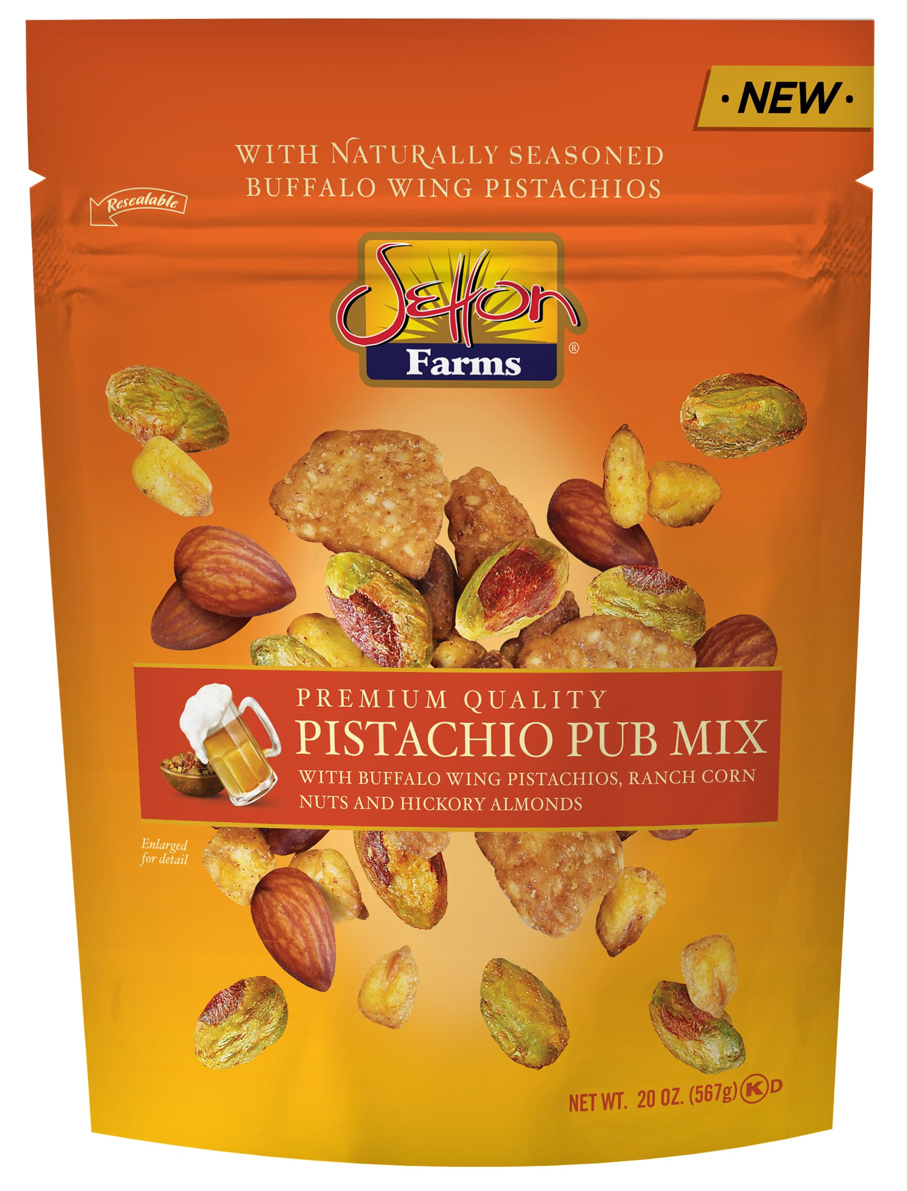 Setton Farms Pistachio Pub Mix 20 Oz. Value Bag. With Buffalo Wing Pistachios, Ranch Corn Nuts, Honey Roasted Sesame Chips and Hickory Almonds.