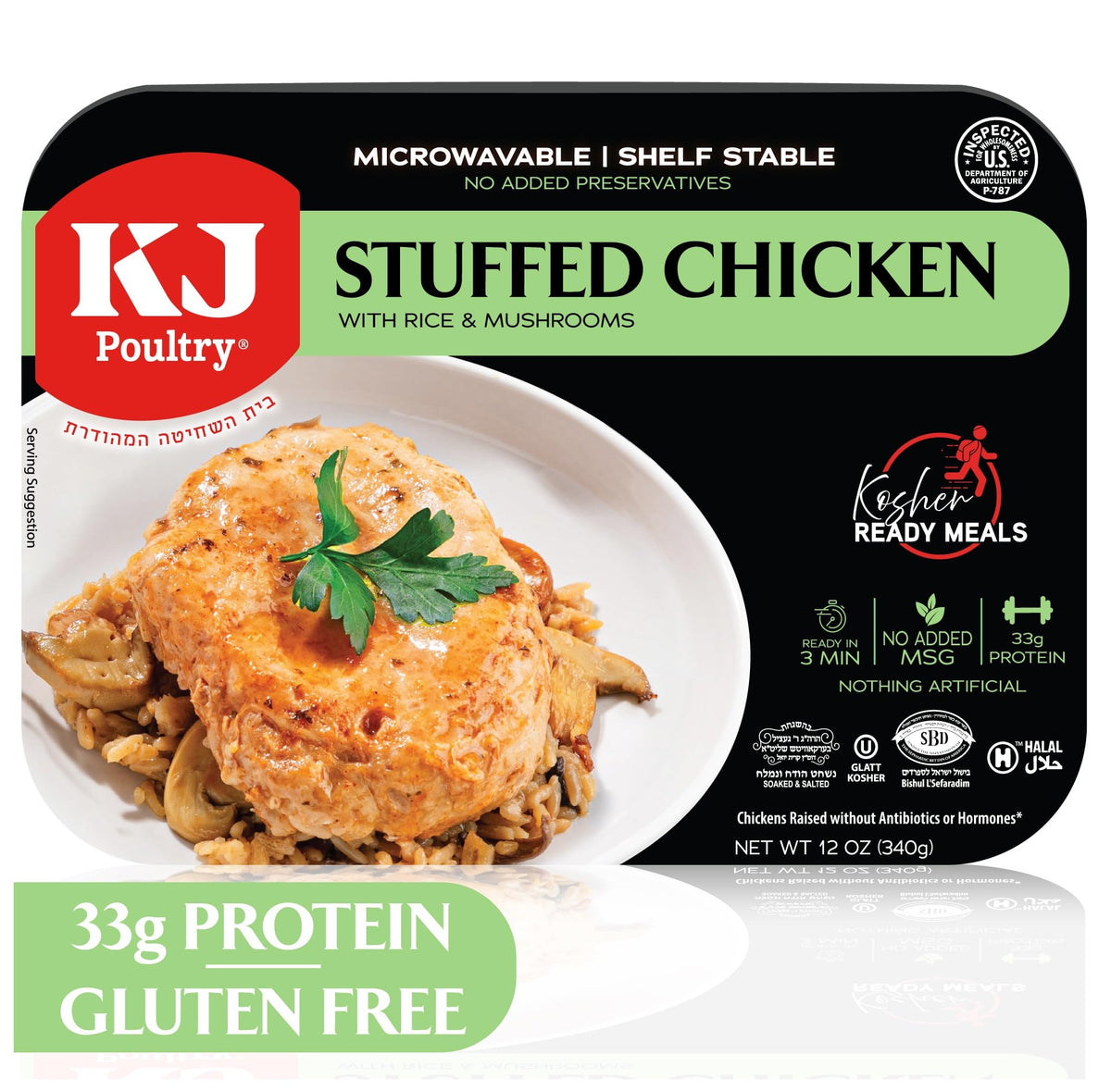 KJ Poultry Kosher Ready Meals - Stuffed Chicken Breast Rice, MRE Meat Meals Ready to Eat, Gluten Free, Halal, (1 Pack) Prepared Entree Fully Cooked