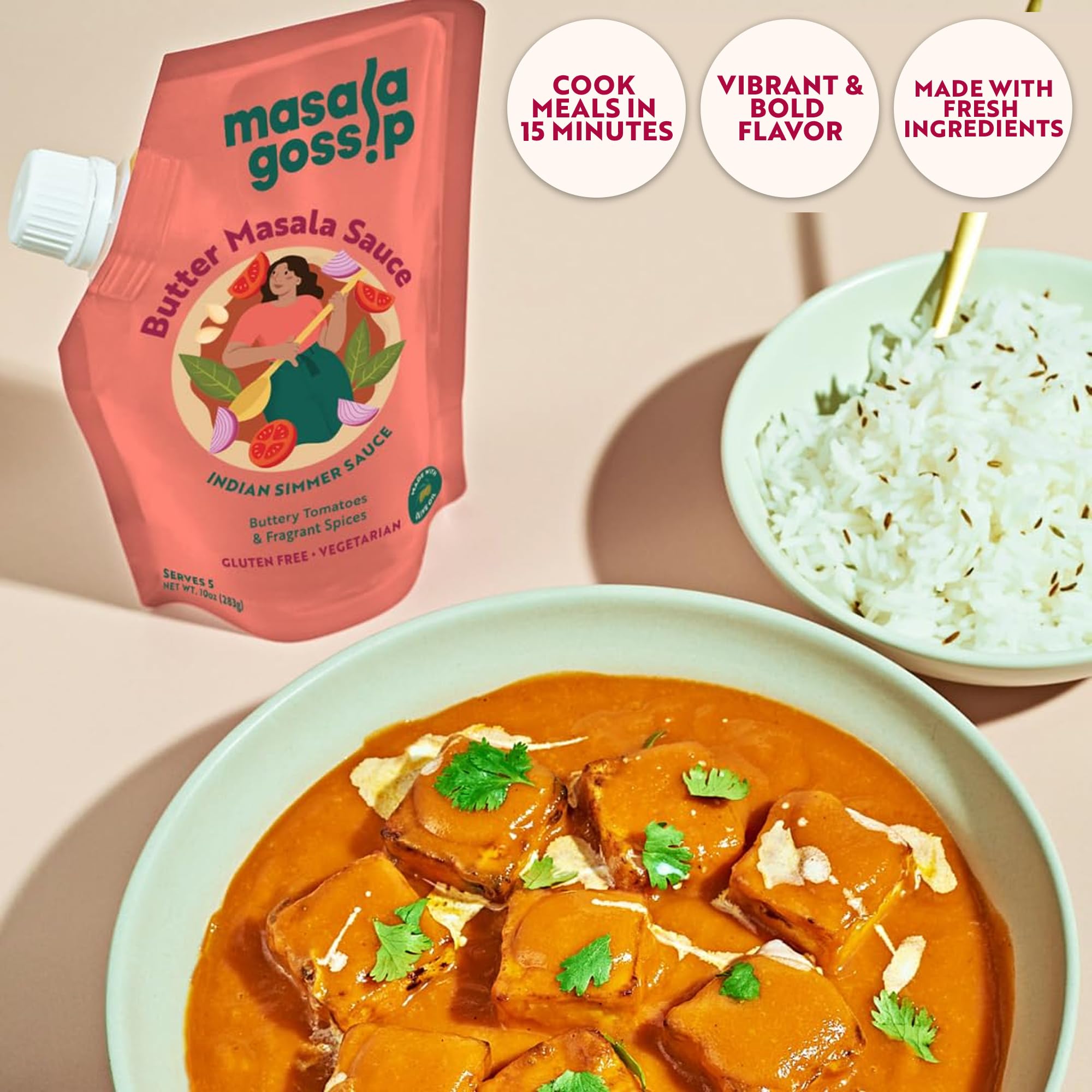 Masala Gossip Butter Masala Simmer Sauce 10 oz - Authentic Makhani Sauce with Real Butter and Tomato - Gluten-Free, Seed Oil Free, No Artificial