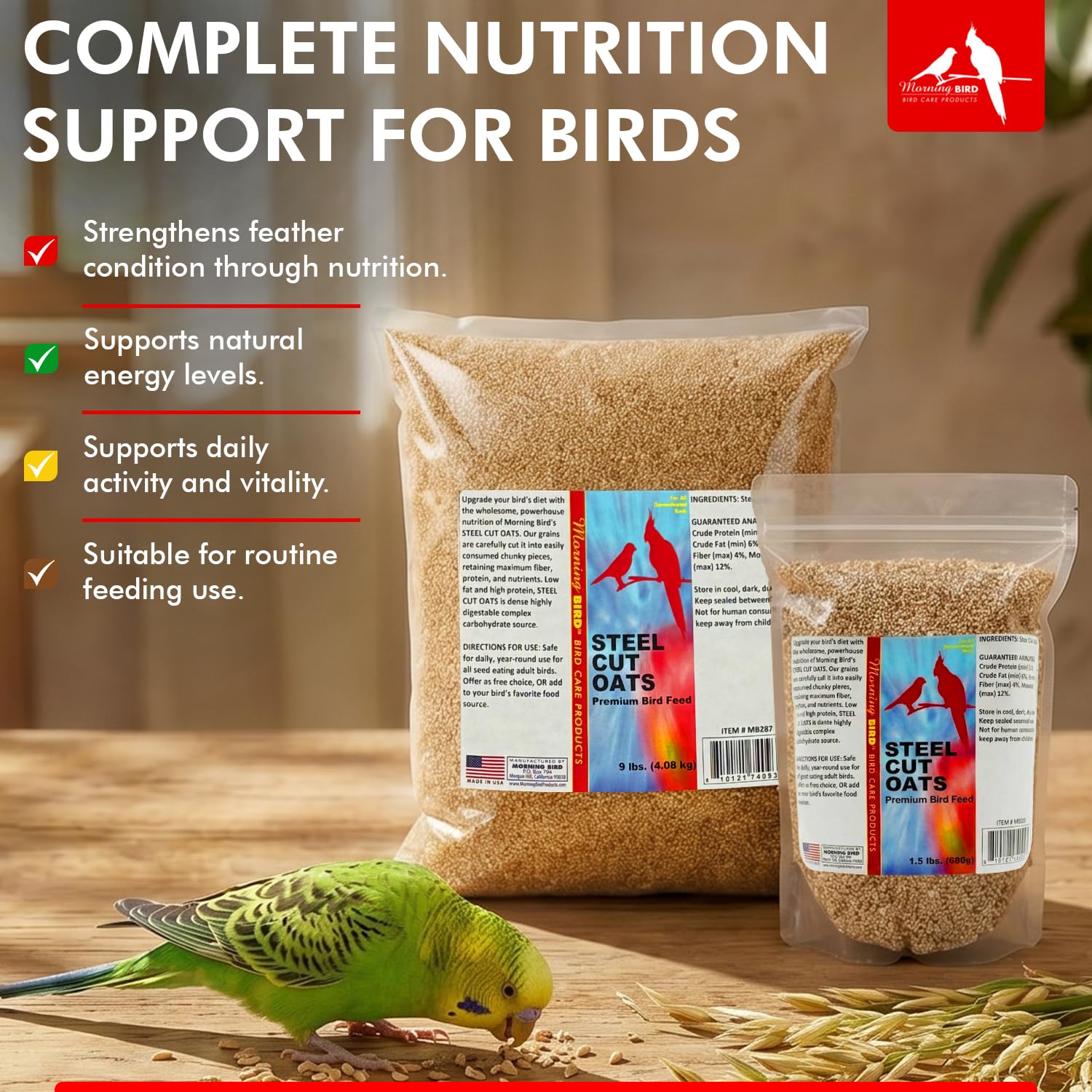 Morning Bird Steel Cut Oats 4.5 lb (3-Pack, 1.5 lb Each) - High Protein Natural Cut Oat Grain for Birds & Easy-to-Eat Pieces - Supports Balanced