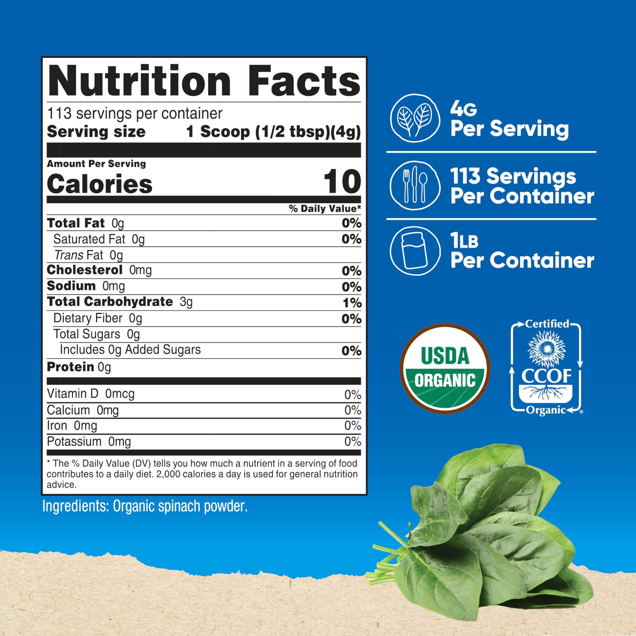 Nutricost Organic Spinach Powder 1LB - Pure, Gluten Free, Non-GMO, Certified Organic