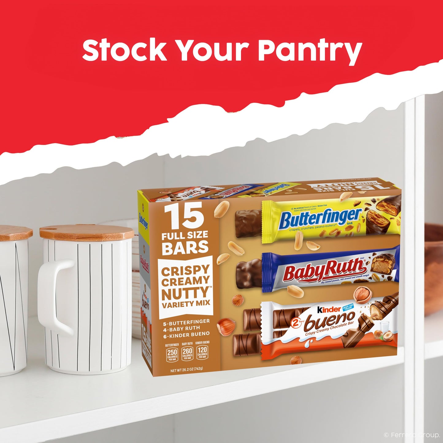 Butterfinger, Baby Ruth, Kinder Bueno, Assorted Crispy Creamy Nutty, Variety Mix, 15 Count, Full Size Candy Bars, 26.2 oz