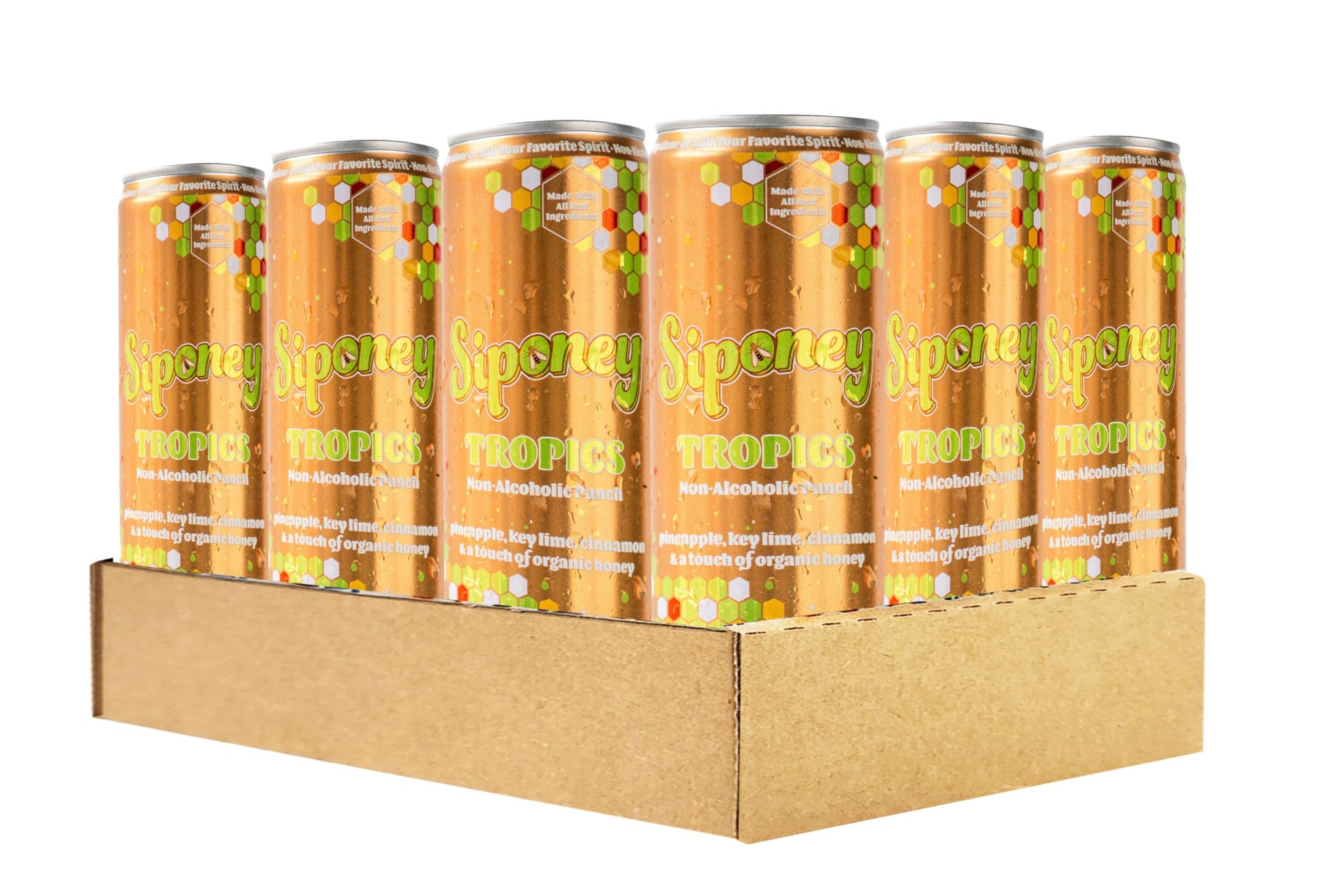 Siponey Tropics Non-Alcoholic Punch Cocktail - Pineapple & Lime Mocktail with Honey & Cinnamon, Real Juice, Zero Alcohol, Gluten-Free, Ready-to-Drink