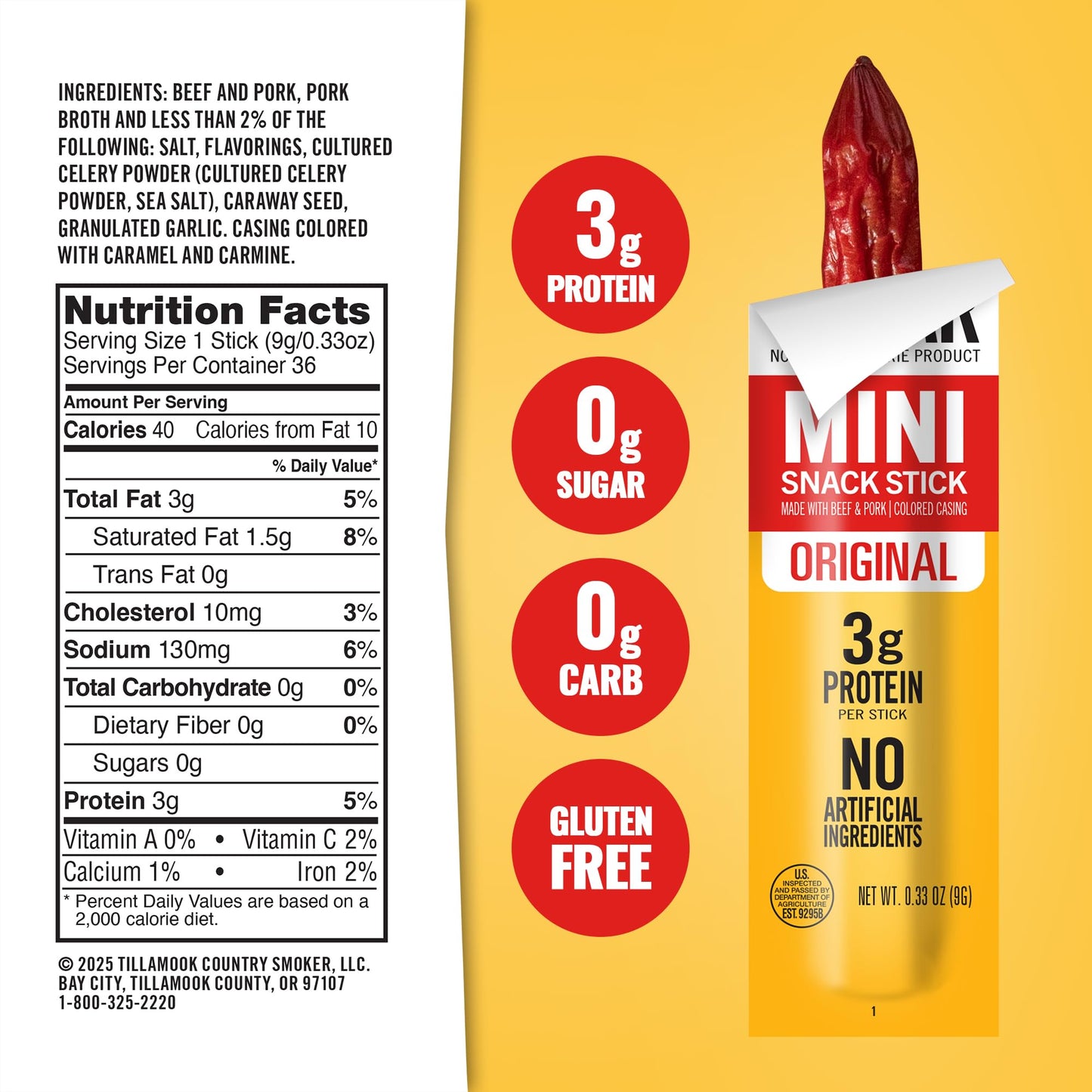 Tillamook Country Smoker Zero Sugar Original Mini Smoked Sausages, 0.33 Ounce, 48 Count, Individually Wrapped Beef Sticks for Kids-Friendly Snacking
