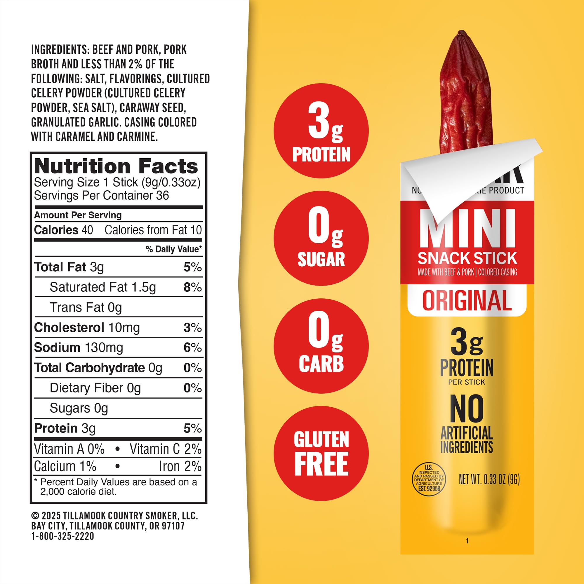 Tillamook Country Smoker Zero Sugar Original Mini Smoked Sausages, 0.33 Ounce, 48 Count, Individually Wrapped Beef Sticks for Kids-Friendly Snacking