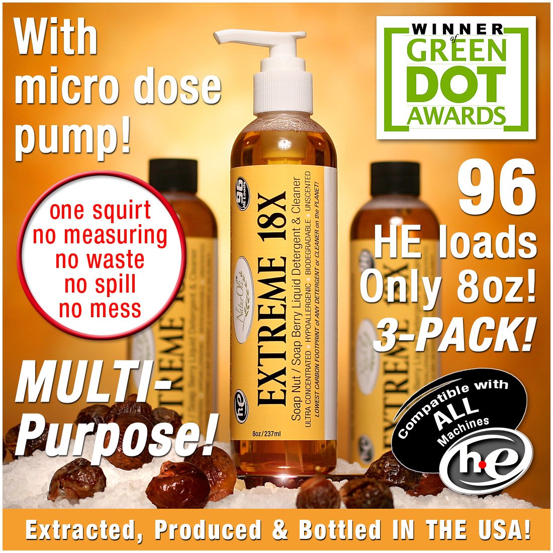 NaturOli EXTREME - (3 Pack) 18X Soap Berry Liquid Laundry Soap - All Natural Detergent And Cleaner - Highly-Concentrated, Sulfate-Free, Allergy-free