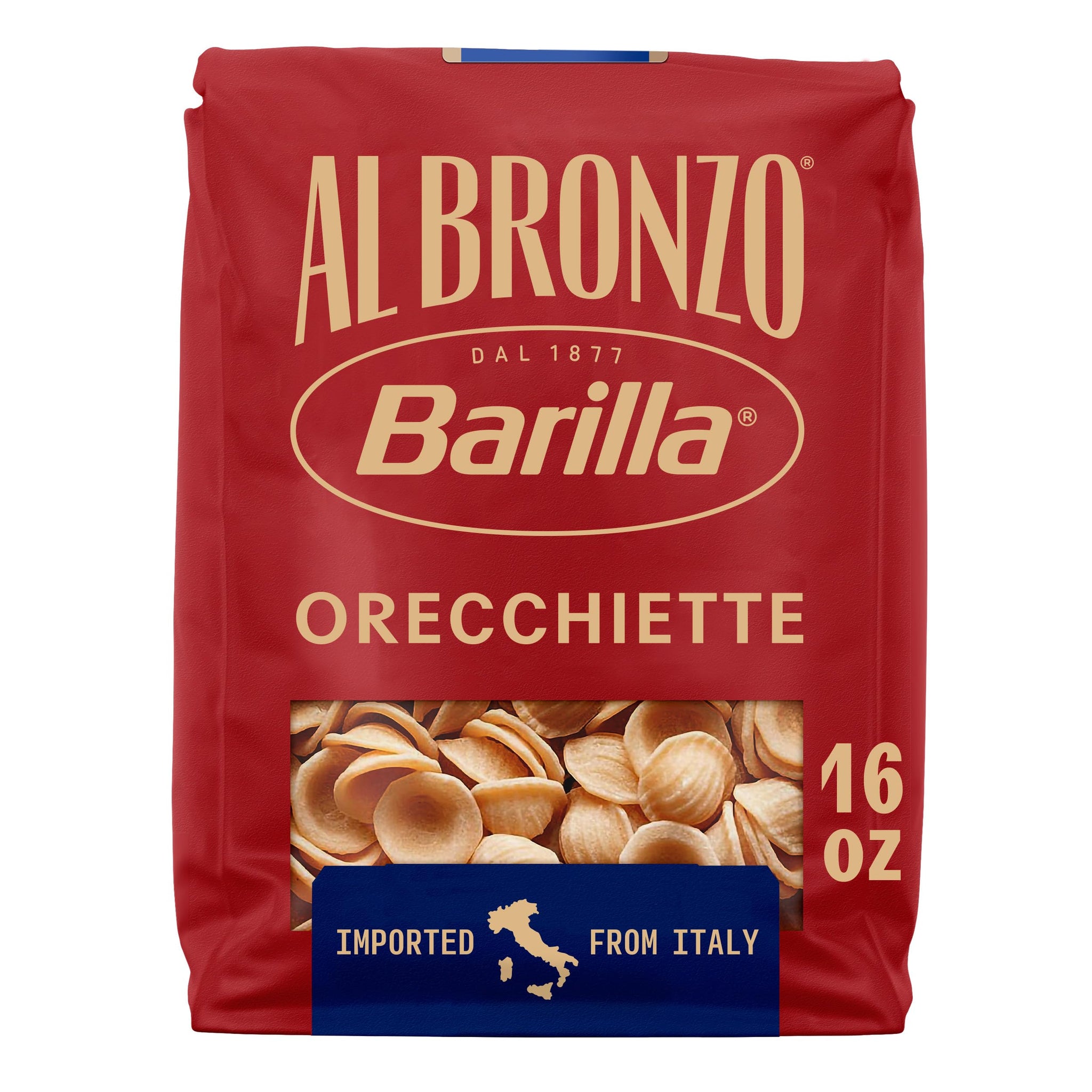Barilla Al Bronzo Orecchiette Pasta 16 oz., Bronze Cut, Created from High Quality Durum Wheat, Imported From Italy, Non-GMO, Kosher
