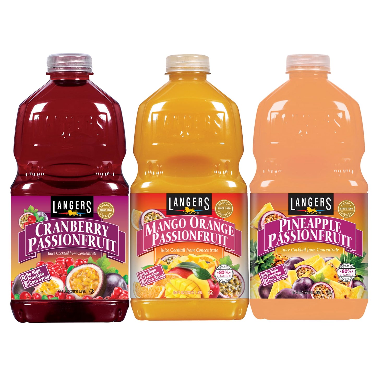 Langers Juice Variety Pack, Cranberry Passionfruit, Mango Passionfruit, Pineapple Passionfruit, 64 fl oz (Pack of 3)
