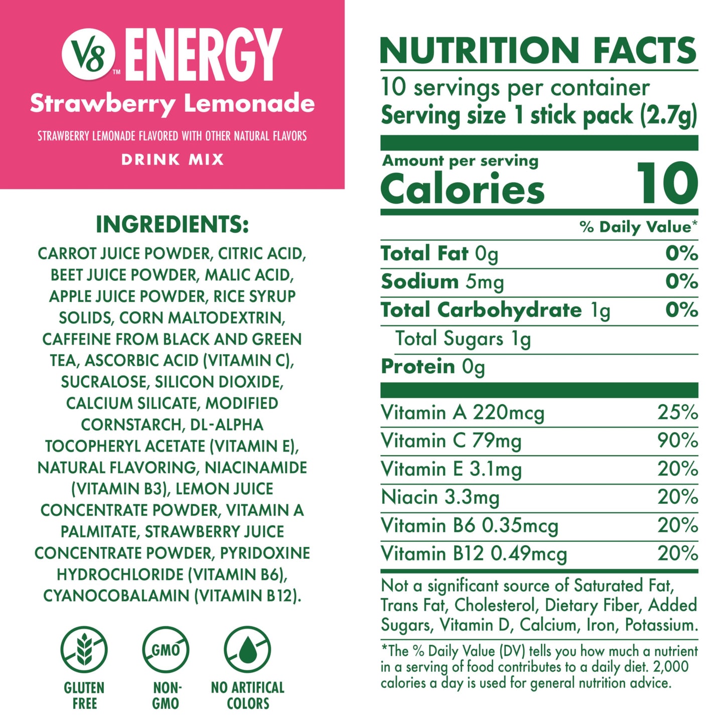 V8 Energy Strawberry Lemonade Energy Drink Powder, .10 oz Packet (10 Count)