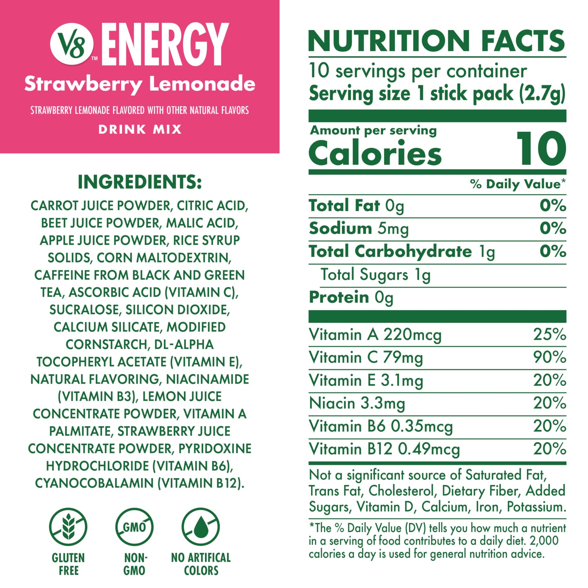 V8 Energy Strawberry Lemonade Energy Drink Powder, .10 oz Packet (10 Count)