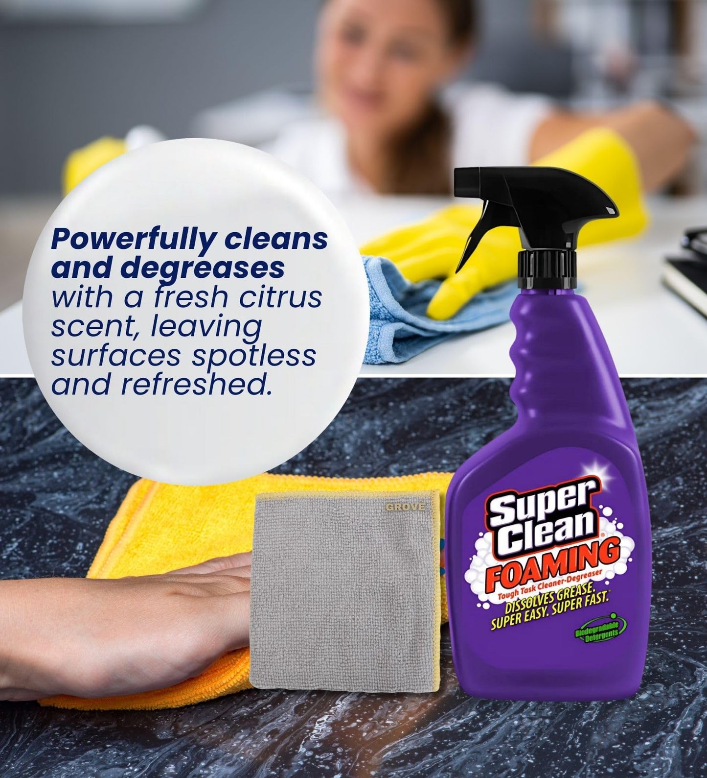 Super Clean Citrus Scent Foaming Cleaner and Degreaser Spray 32 oz Bundle with Microfiber Cloth - Heavy Duty Degreaser for Kitchen, Oil, Grime