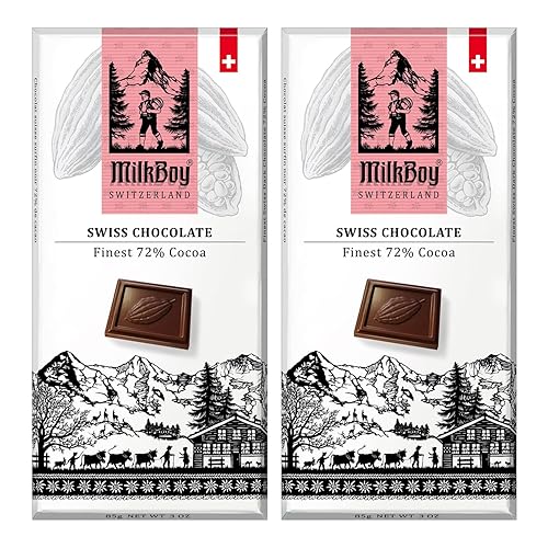 Milkboy Swiss Chocolates Dark Chocolates - 72% Cocoa, Made in Switzerland, Dairy Free, Vegan, Gluten-Free, Non-GMO, Kosher, Sustainably Farmed