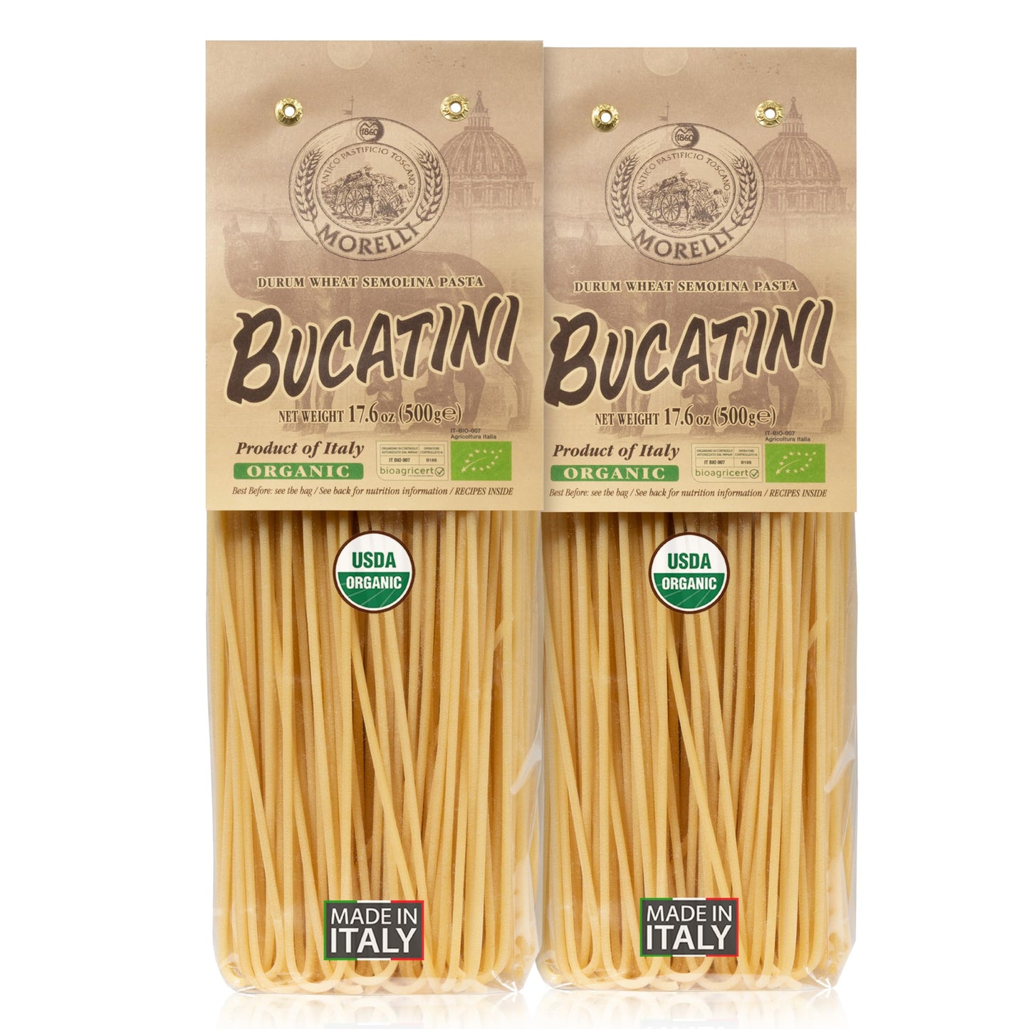 Morelli Bucatini Pasta Noodles - Premium Organic Italian Pasta from Italy - Handcrafted, Family Owned Gourmet Brand - Made with Durum Wheat Semolina