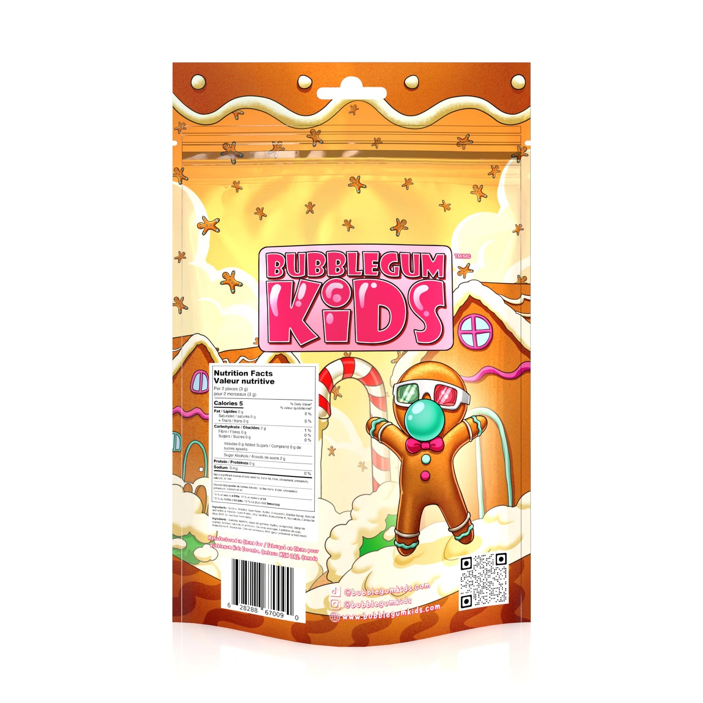 Bubblegum Kids Gingerbread Sugar Free Gum | Sugarless Gum with Xylitol | Vegan, Low Calorie Candy Alternative for Kids & Adults | Christmas Theme |