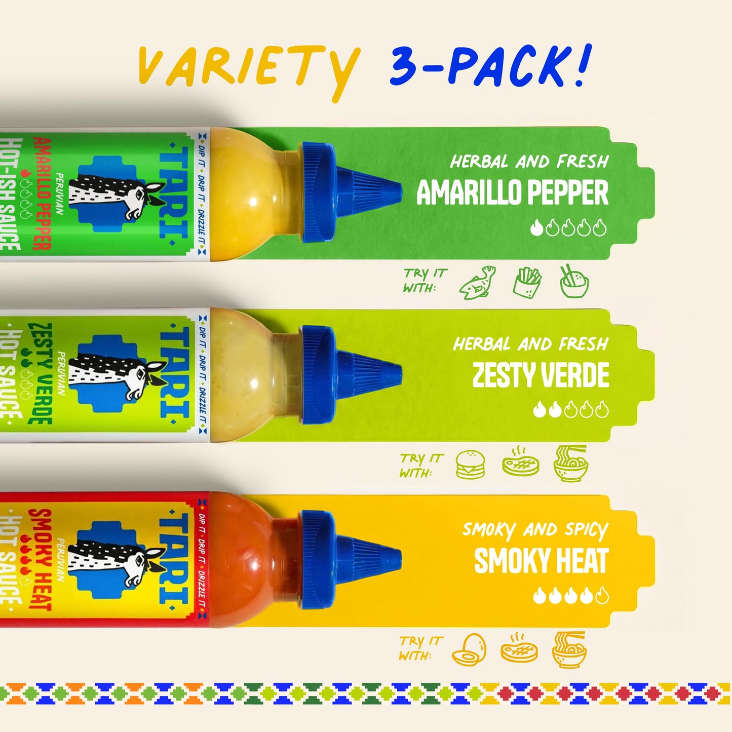 Tari Hot Sauce - Rocoto & Amarillo Pepper Variety Pack - Aji Amarillo + Zesty Verde + Smoky Heat - 11.8oz each (3Pk)