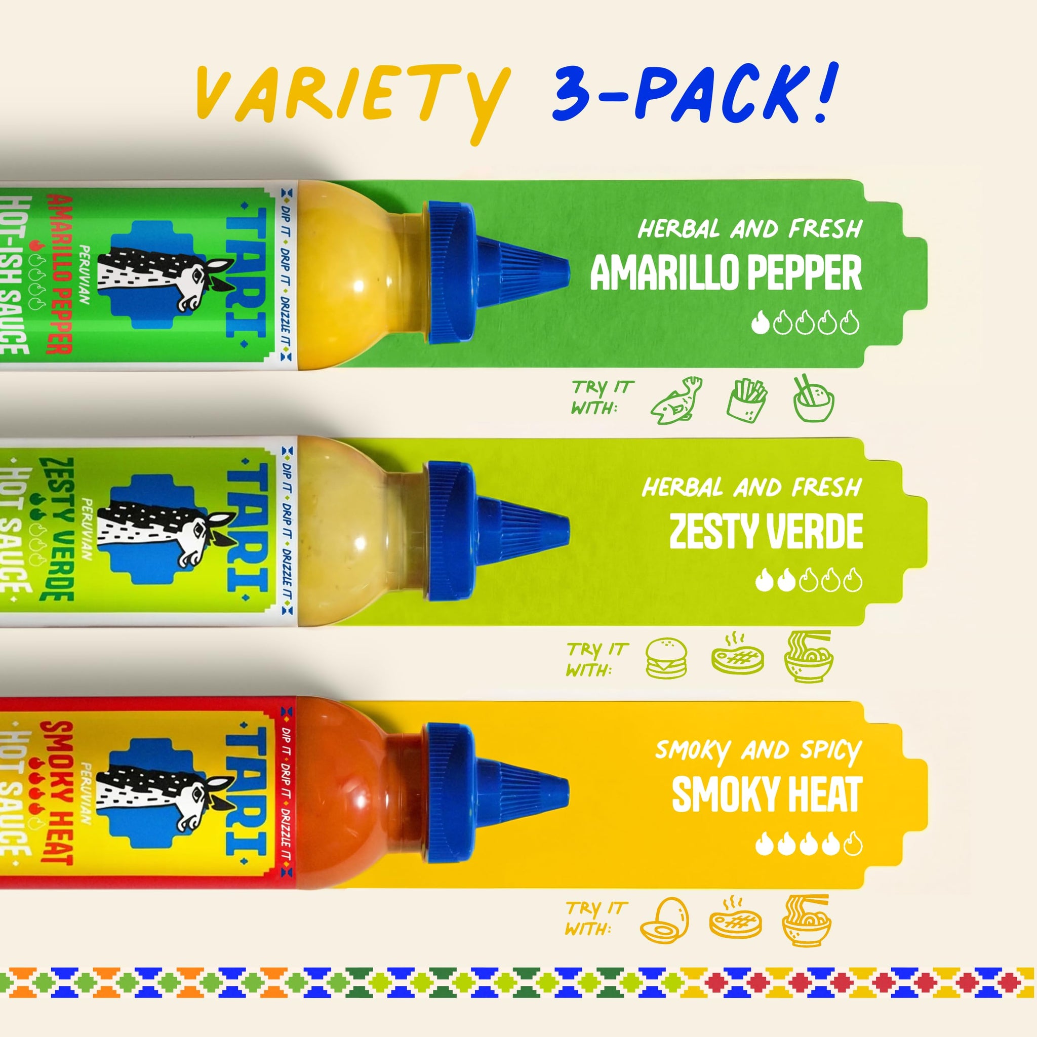 Tari Hot Sauce - Rocoto & Amarillo Pepper Variety Pack - Aji Amarillo + Zesty Verde + Smoky Heat - 11.8oz each (3Pk)