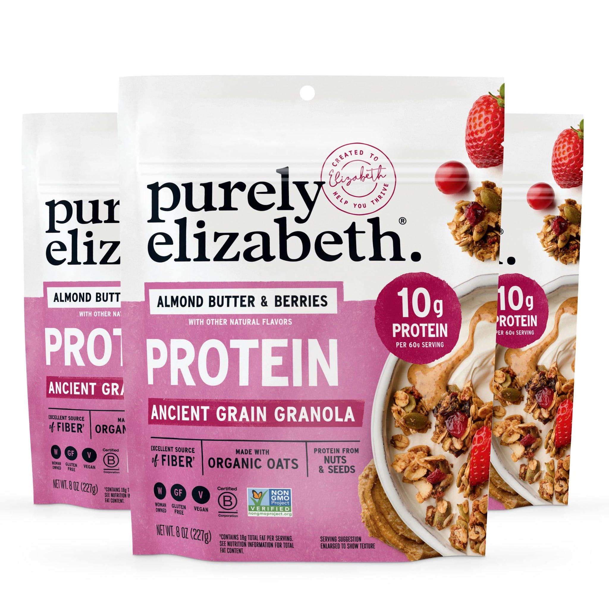 Purely Elizabeth, Protein Granola, Almond Butter and Berries, 8oz Bags (3 Pack)