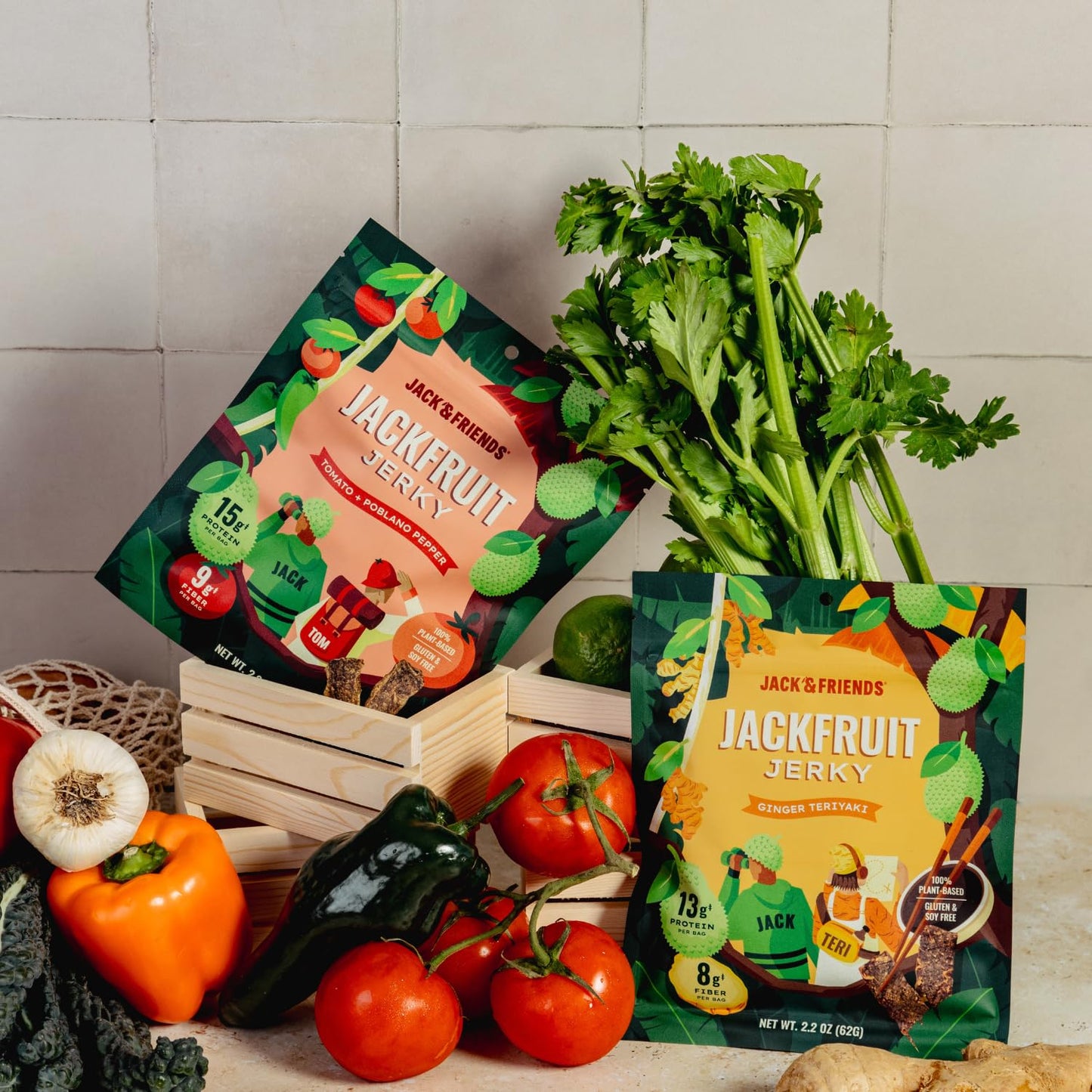Jack & Friends Jackfruit Jerky Ginger Teriyaki - Plant Based Vegan Jerky Snack, Healthy Meatless Jerky Alternative Made from Jackfruit, 13g Protein
