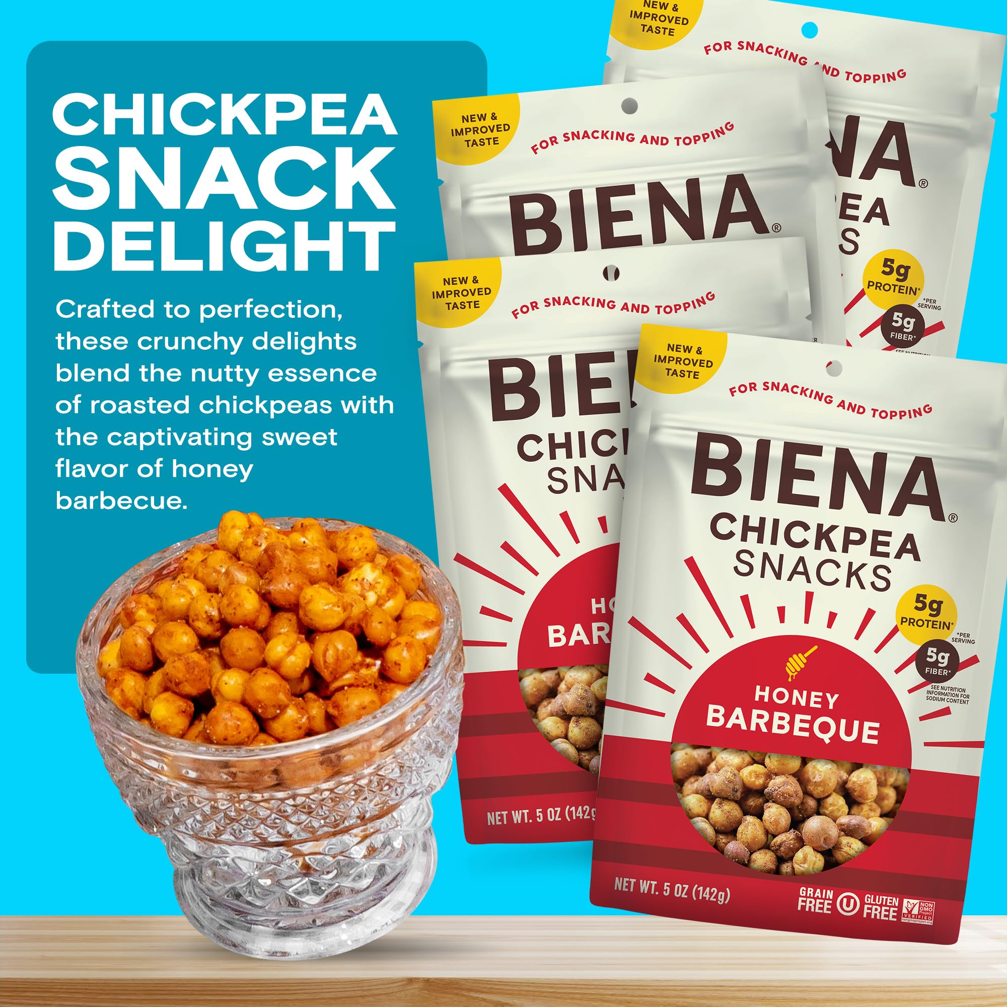 BIENA Chickpea Snacks - Crunchy Roasted Chickpeas - High Fiber Protein Snacks for Adults and Kids - 4-Pack, 5 Ounce Bags - Barbecue