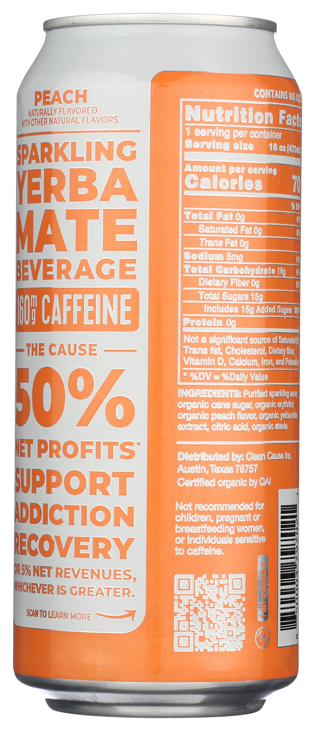 Clean Cause Yerba Mate Energy Drink, Peach, 16 oz
