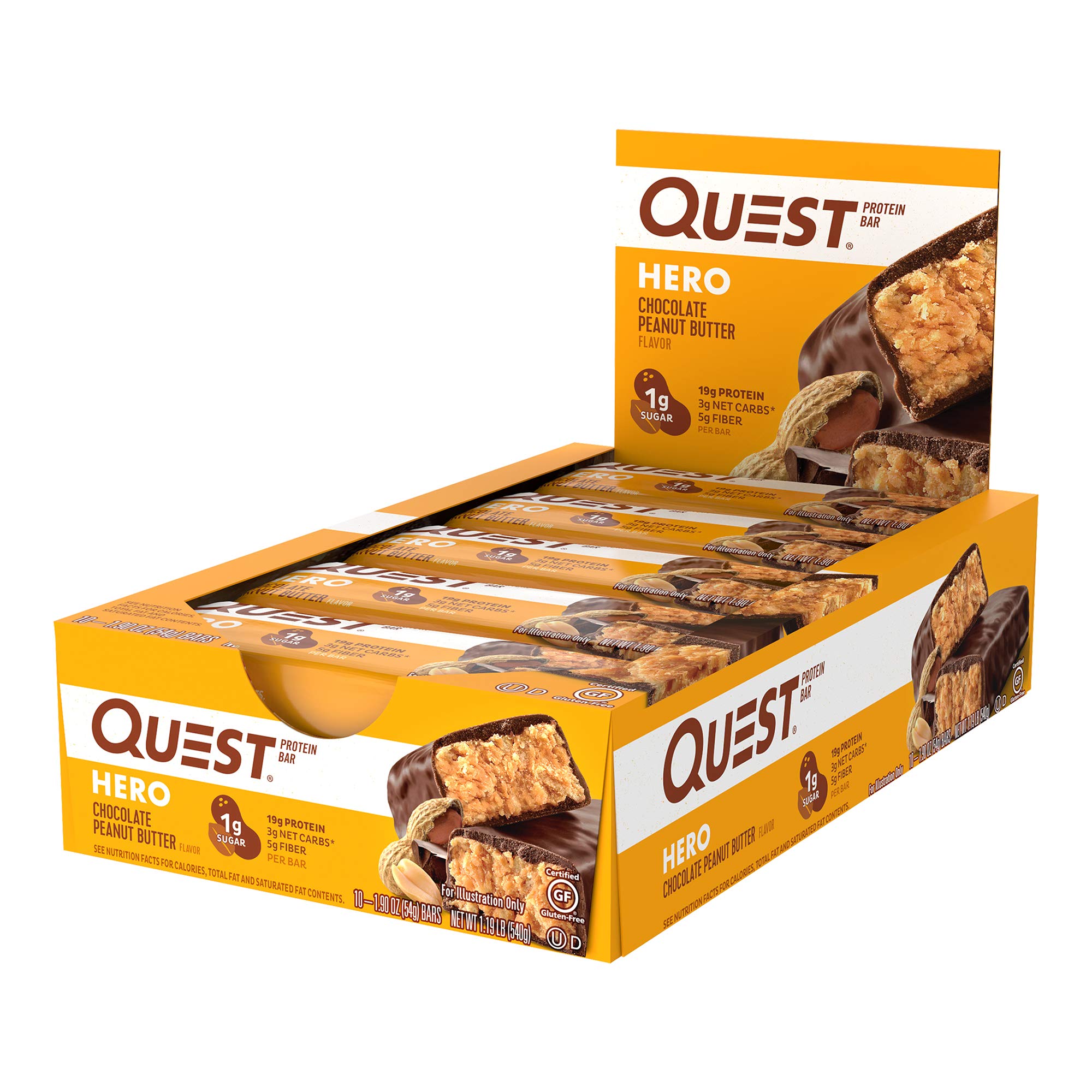 Chocolate Peanut Butter Hero Quest Nutrition Protein Bar, High Protein, Low Carb, Gluten free, 1.90 Ounce (Pack of 10)