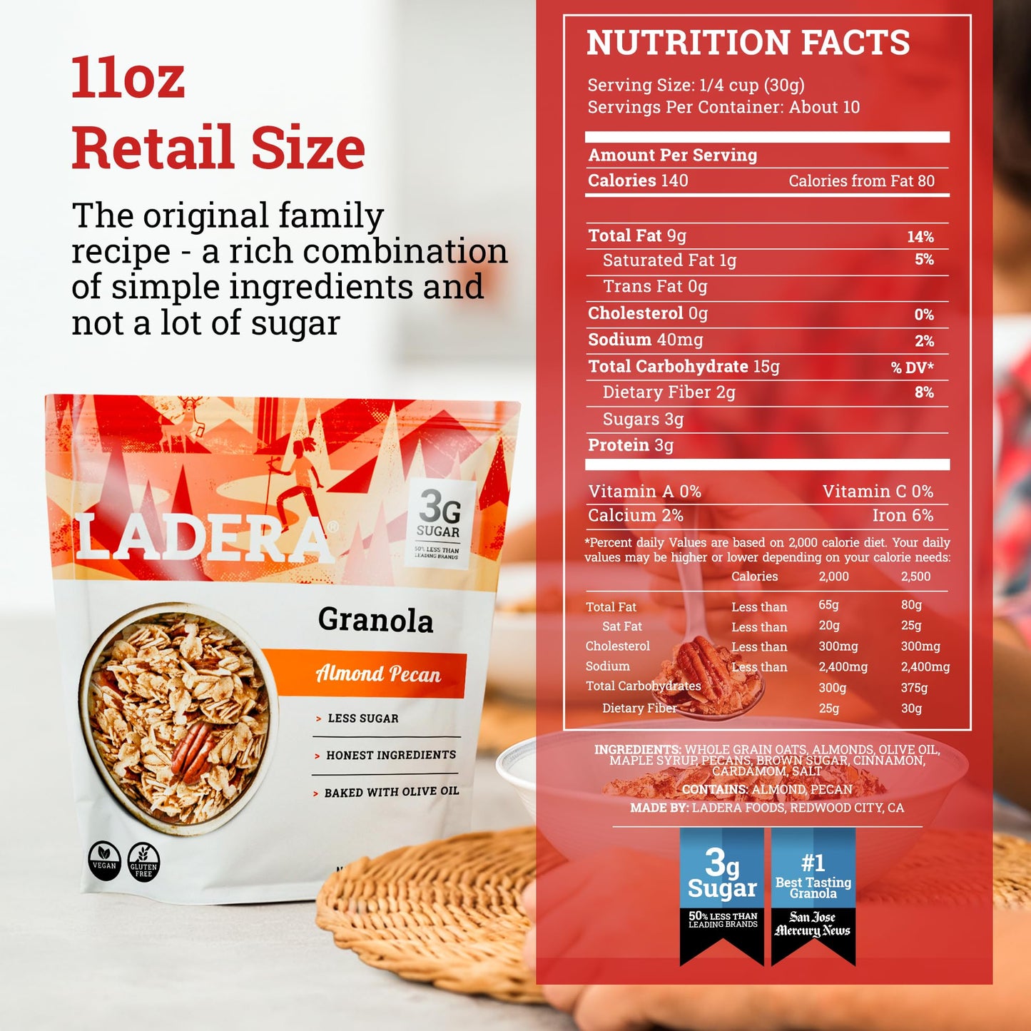 Ladera Almond Pecan Granola - Low Sugar Artisanal Breakfast Cereal, Gluten Free & Vegan, Honest Ingredients, 11 OZ