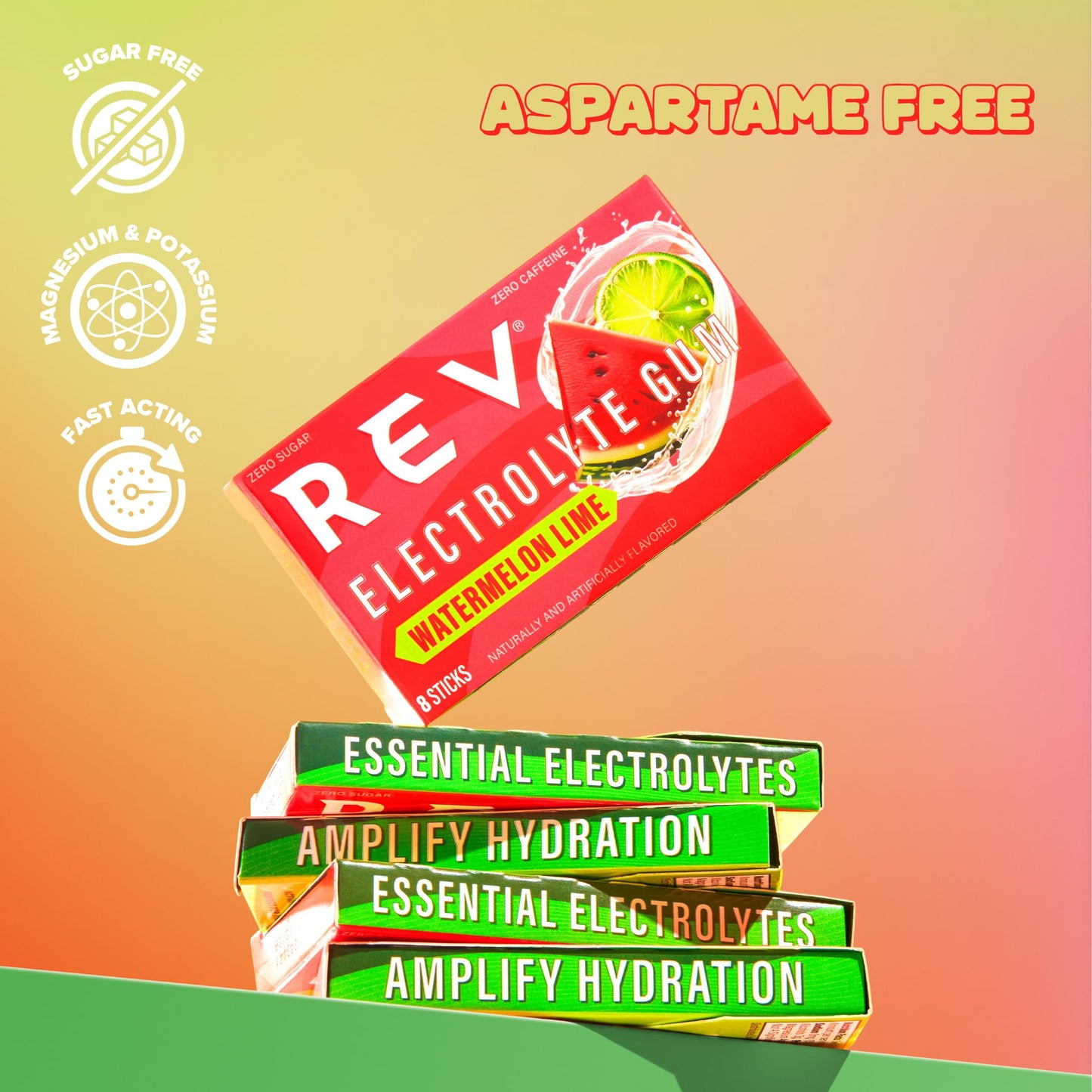 Rev Electrolyte Gum, Watermelon Lime, Sugar-Free with Essential Electrolytes,12 Count