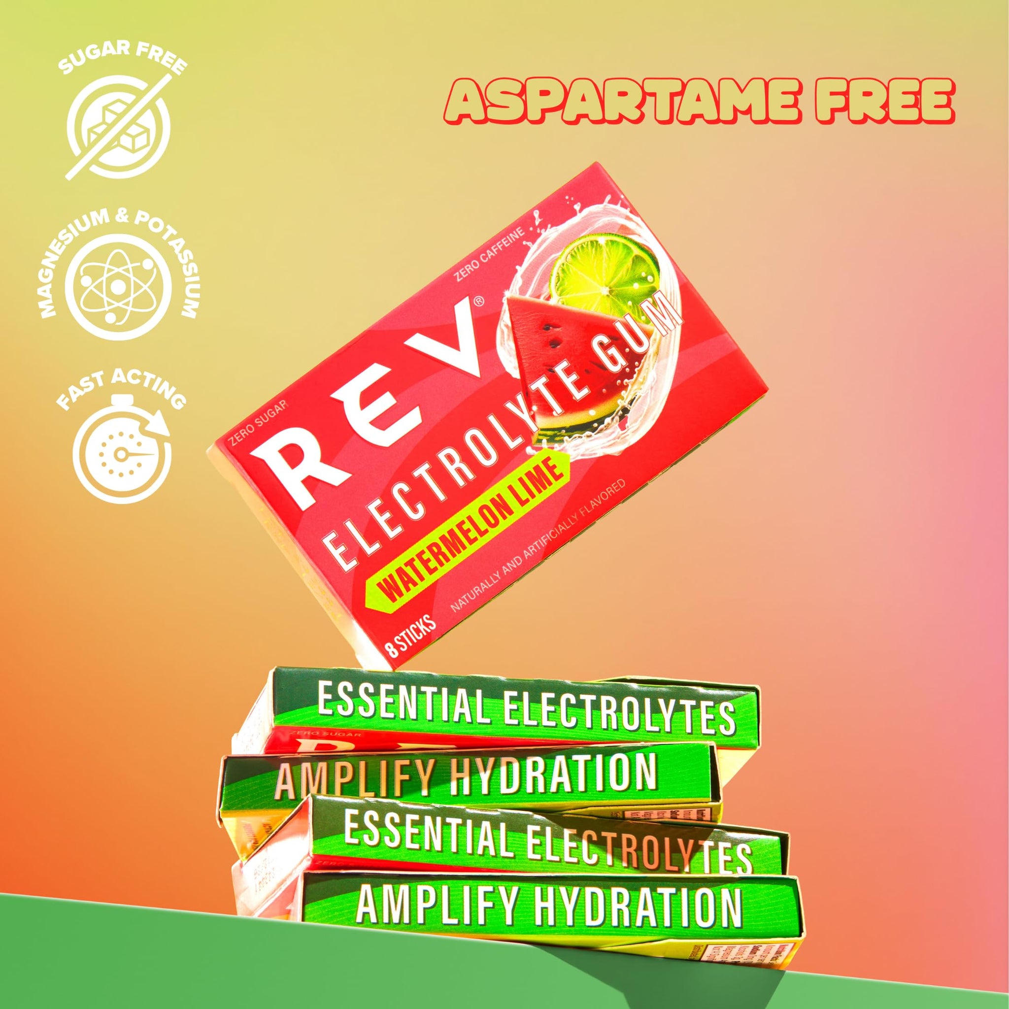 Rev Electrolyte Gum, Watermelon Lime, Sugar-Free with Essential Electrolytes,12 Count