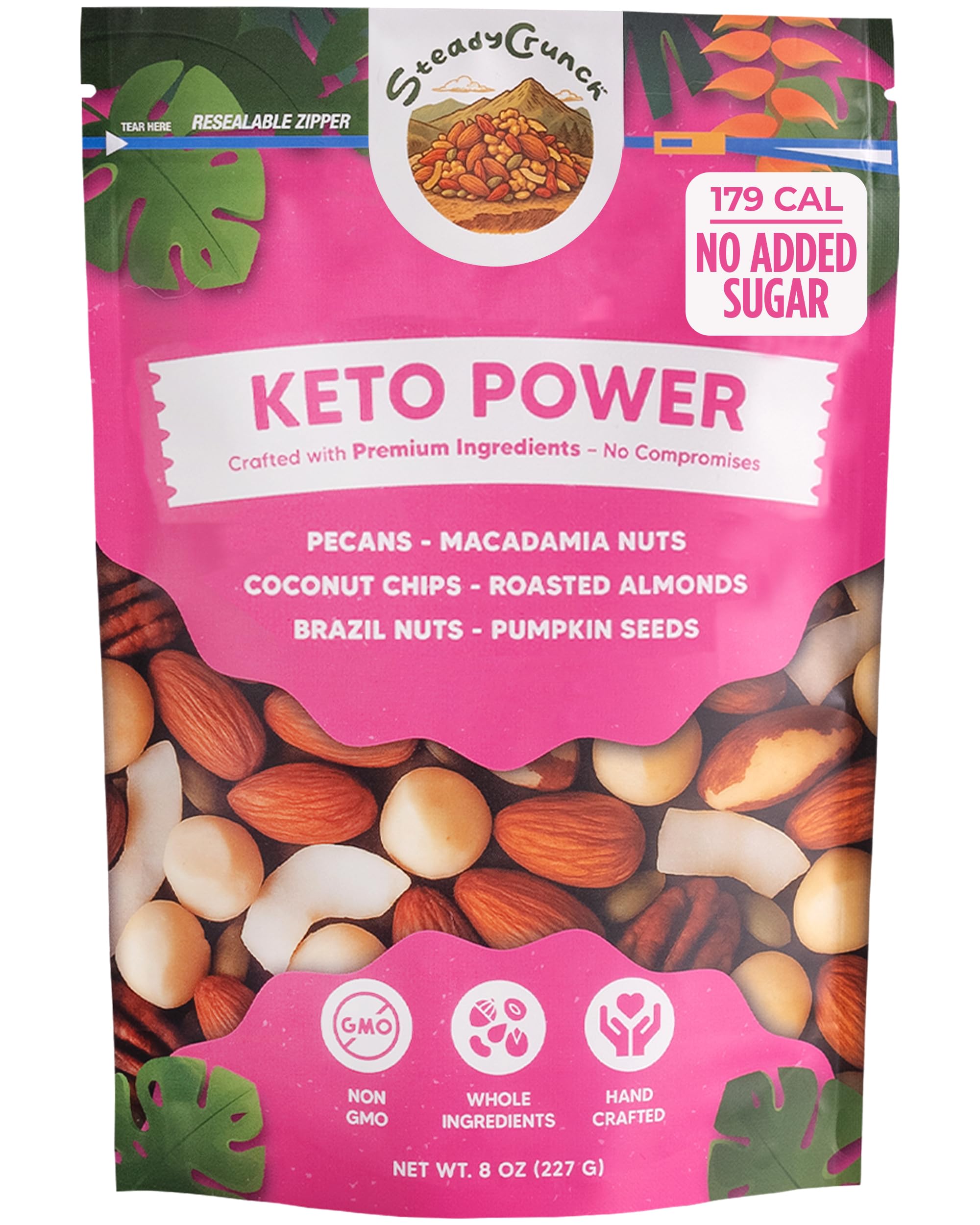 SteadyCrunch Keto Power Mixed Nuts - Sugar Free & Non-GMO, High Protein Snack Packs - Pecans, Macadamia, Almonds & Brazil Nuts Trail Mix - Low Carb