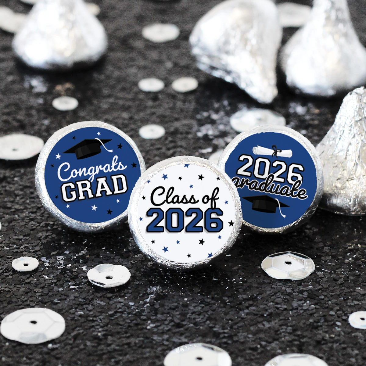 DISTINCTIVS Class of 2026 Graduation Candy Stickers for Chocolate Drops, Blue Grad Party Favors - 216 Count