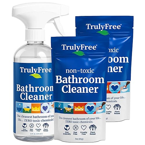 Truly Free All Natural Non-Toxic Bathroom Cleaner Spray Kit, Organic Bath & Tile Cleaning Solution for Toilet, Sink, Tub & Shower, 16 oz Reusable