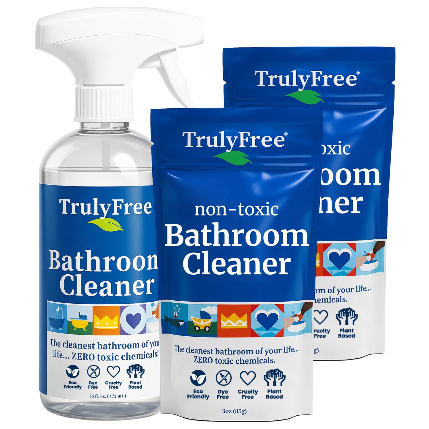 Truly Free All Natural Non-Toxic Bathroom Cleaner Spray Kit, Organic Bath & Tile Cleaning Solution for Toilet, Sink, Tub & Shower, 16 oz Reusable