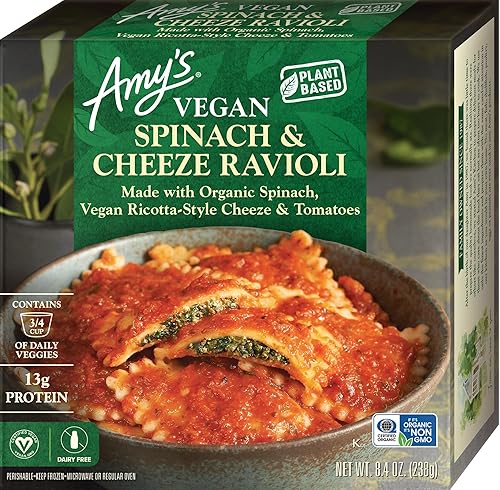Amy's Frozen Meals, Spinach and Cheeze Ravioli Bowl, Made With Organic Spinach, Vegan Ricotta-Style Cheeze and Tomatoes, Microwave Meals, 8.4 Oz
