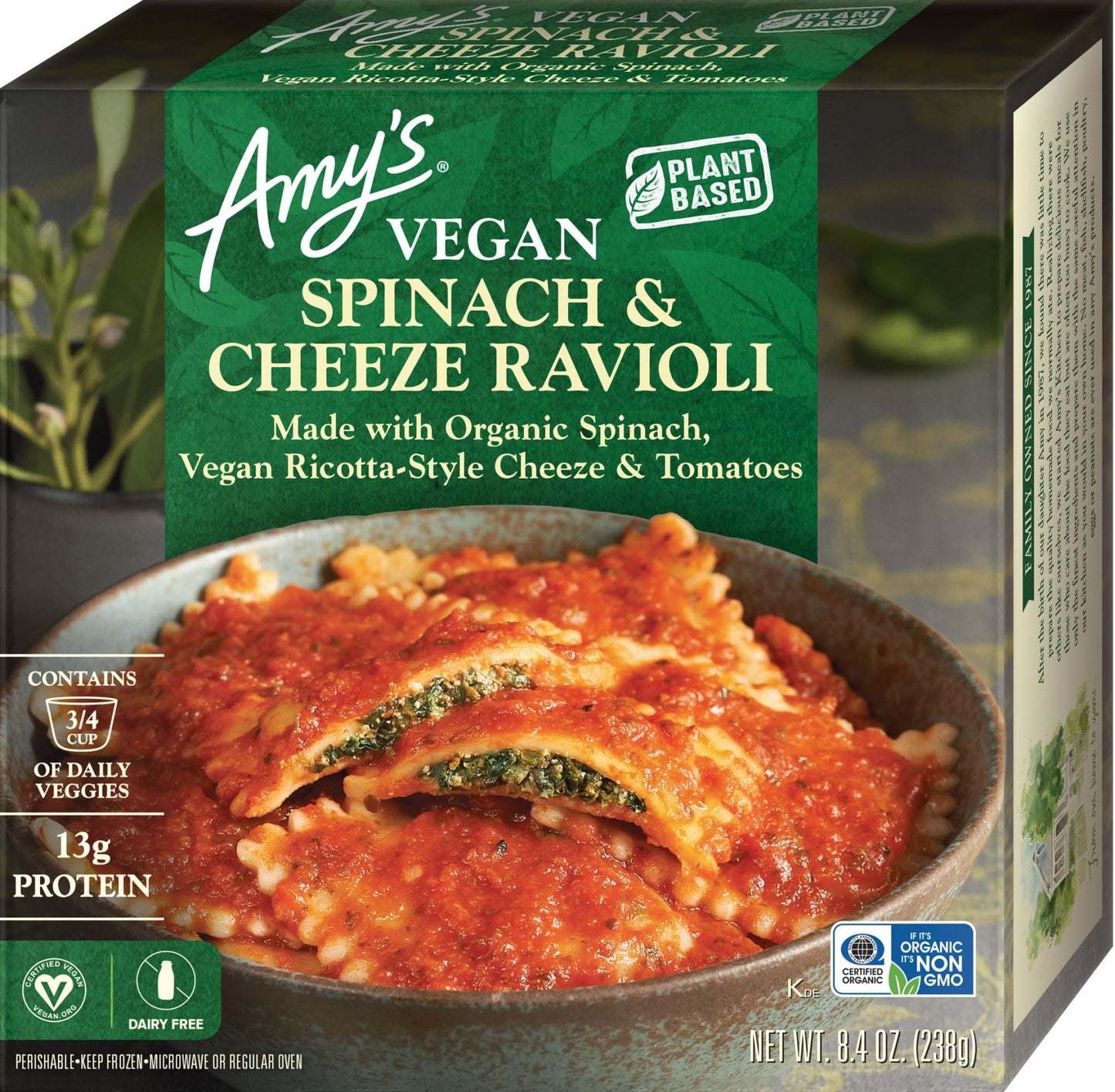 Amy's Frozen Meals, Spinach and Cheeze Ravioli Bowl, Made With Organic Spinach, Vegan Ricotta-Style Cheeze and Tomatoes, Microwave Meals, 8.4 Oz